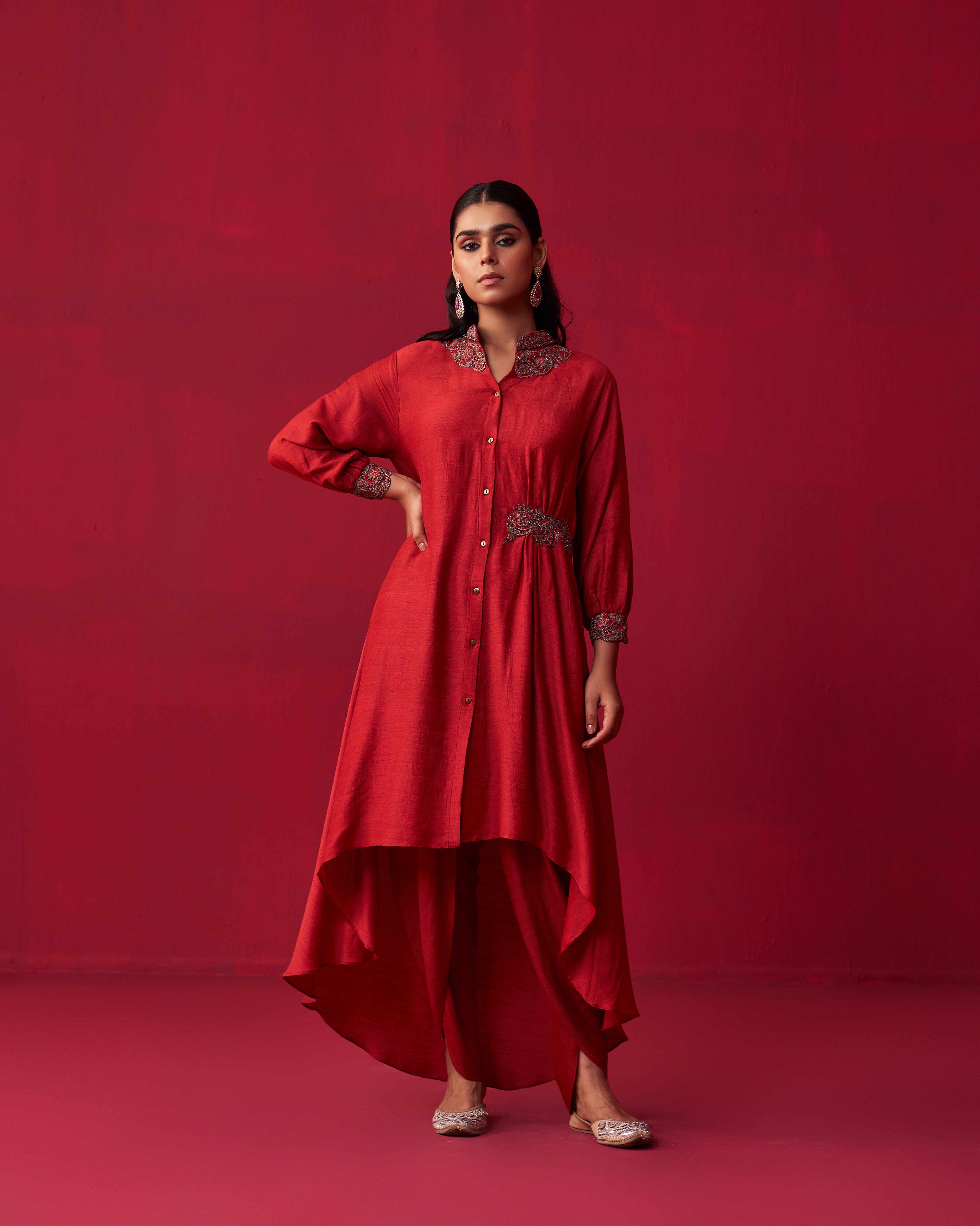 Red Metallic Bliss Shirt Style Tunic, and Dhoti Pants Set