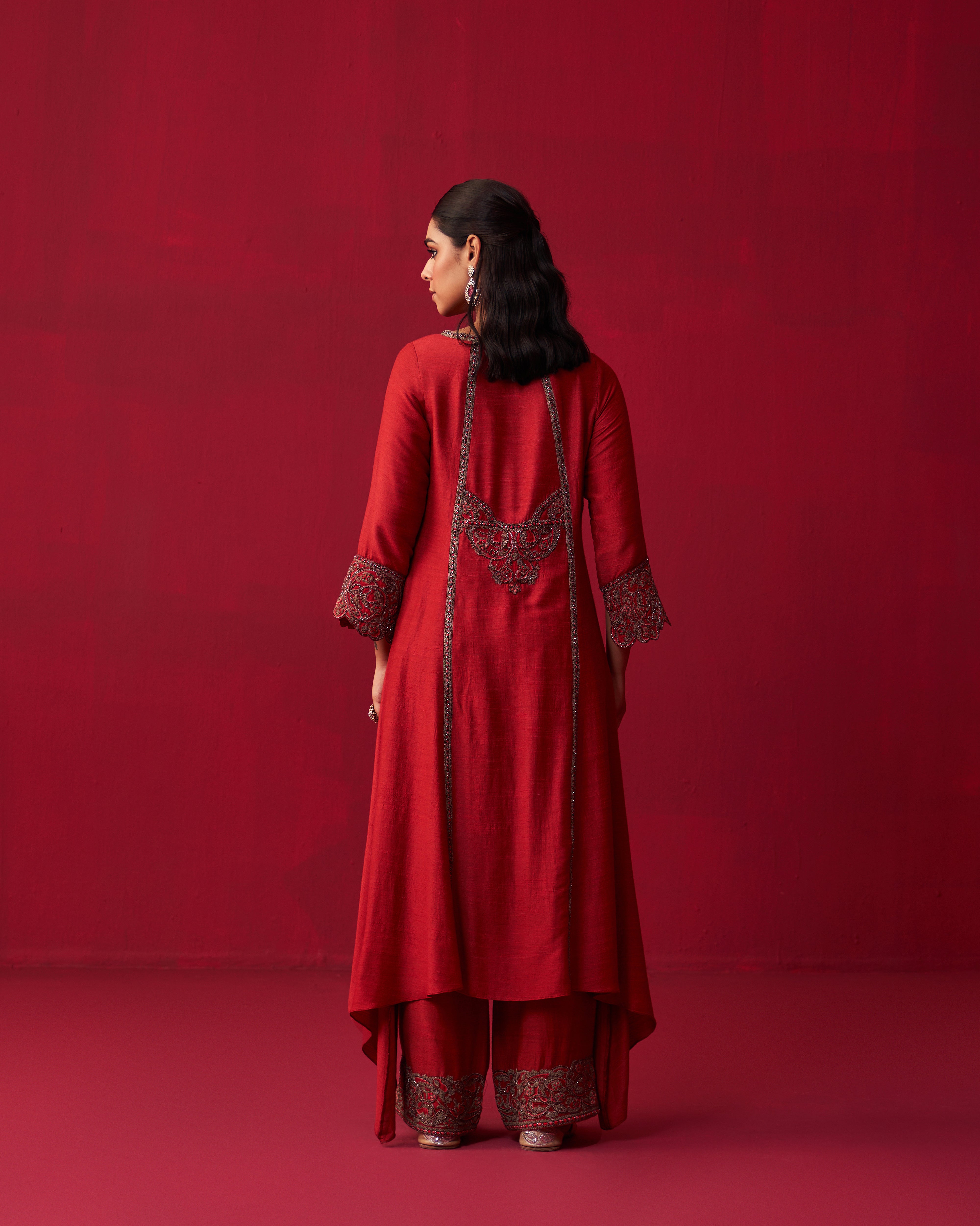 Red Metallic Bliss Kurta, Dupatta, and Palazzo Set