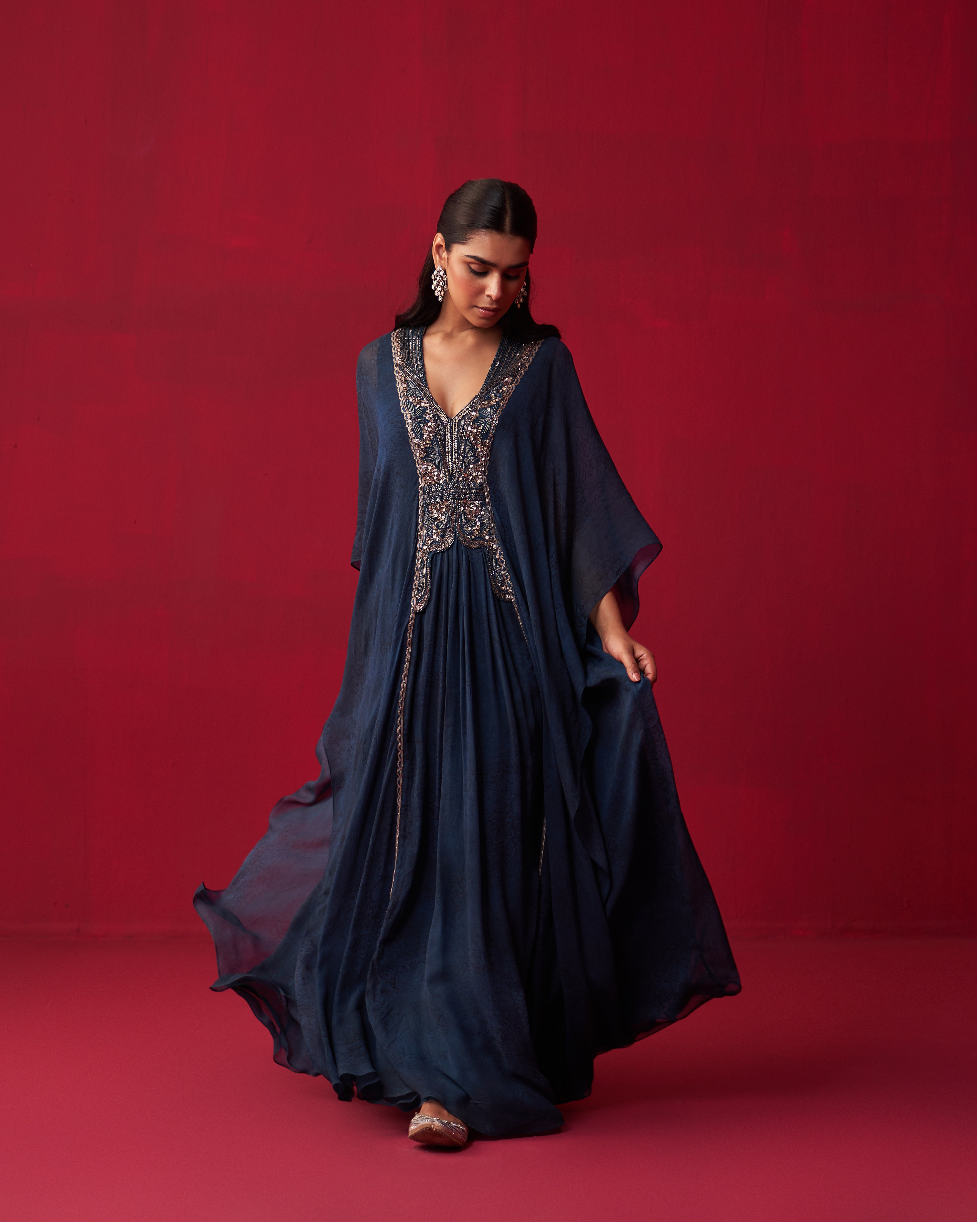 Blue Georgette Draped Top and Skirt Set
