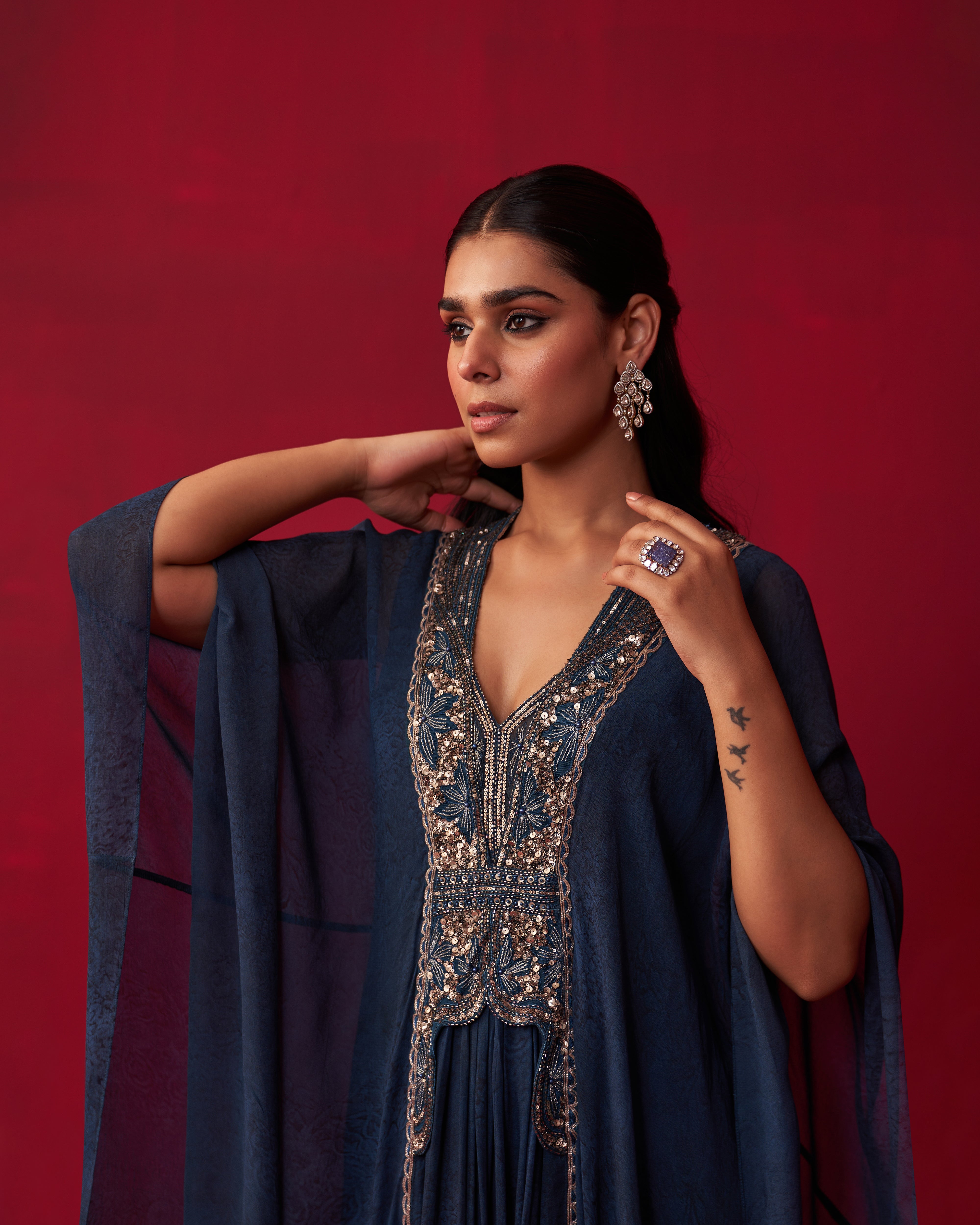 Blue Georgette Draped Top and Skirt Set