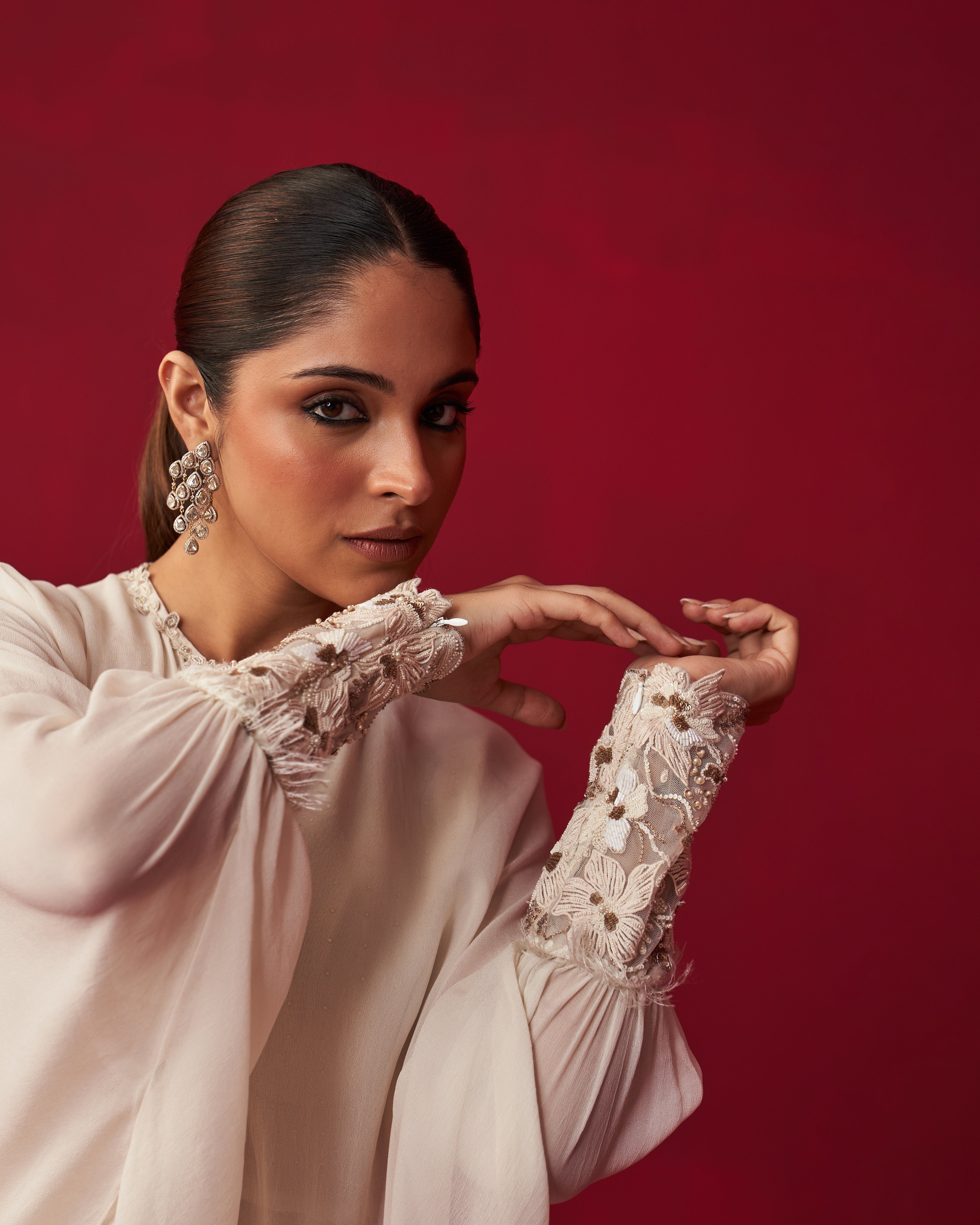 Pixelated Floral Ivory Kurta, Jacket, and Dhoti set
