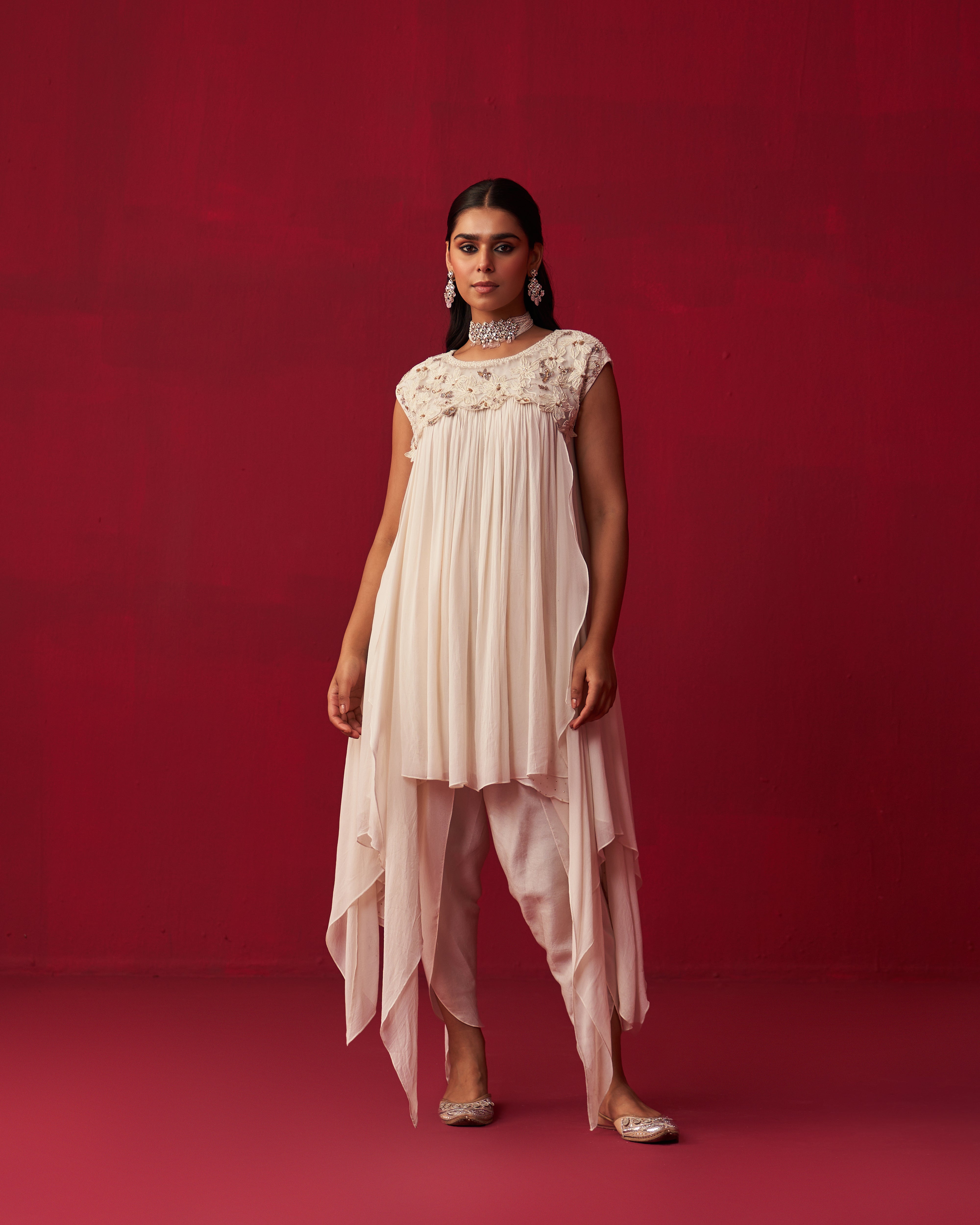 Pixelated Floral Ivory Kurta, Jacket, and Dhoti set