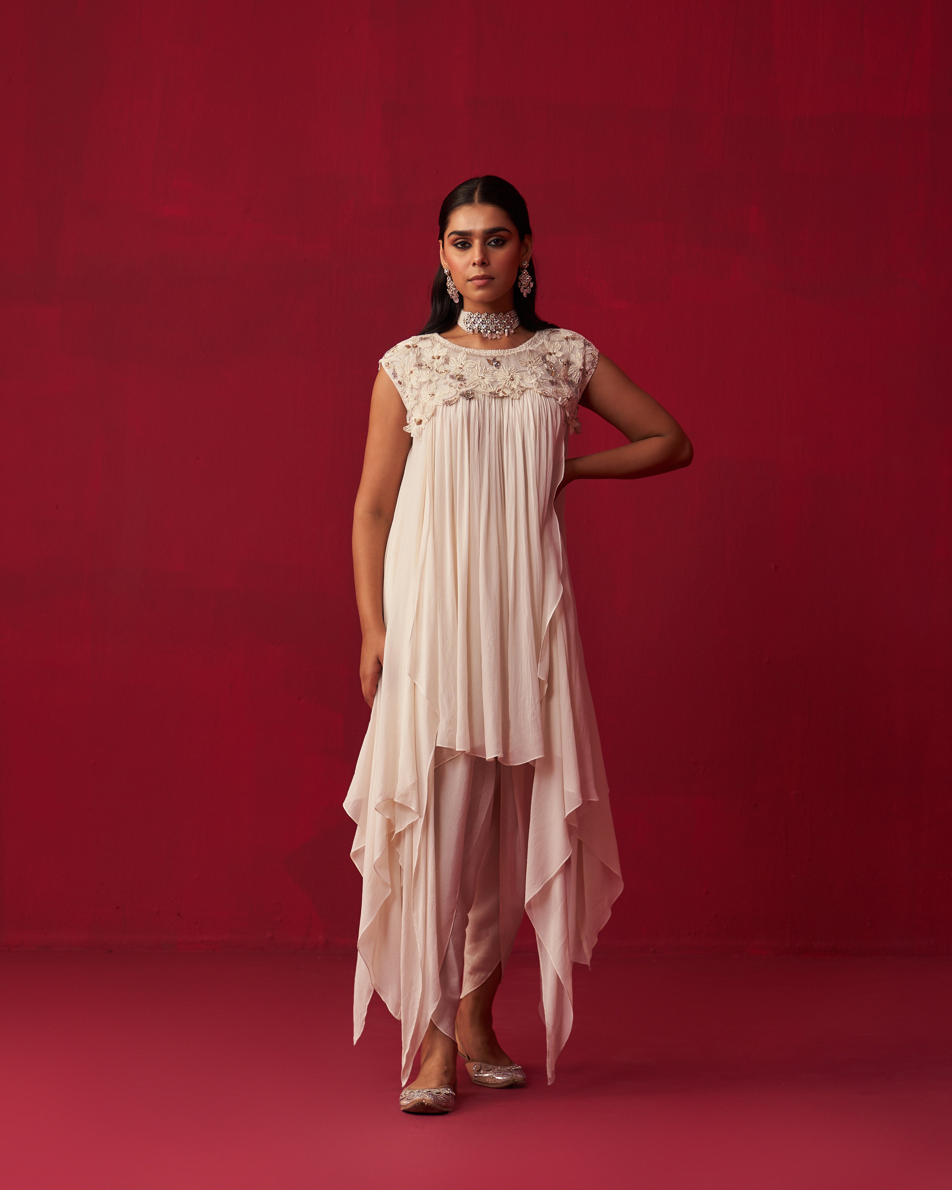 Pixelated Floral Ivory Kurta, Jacket, and Dhoti set