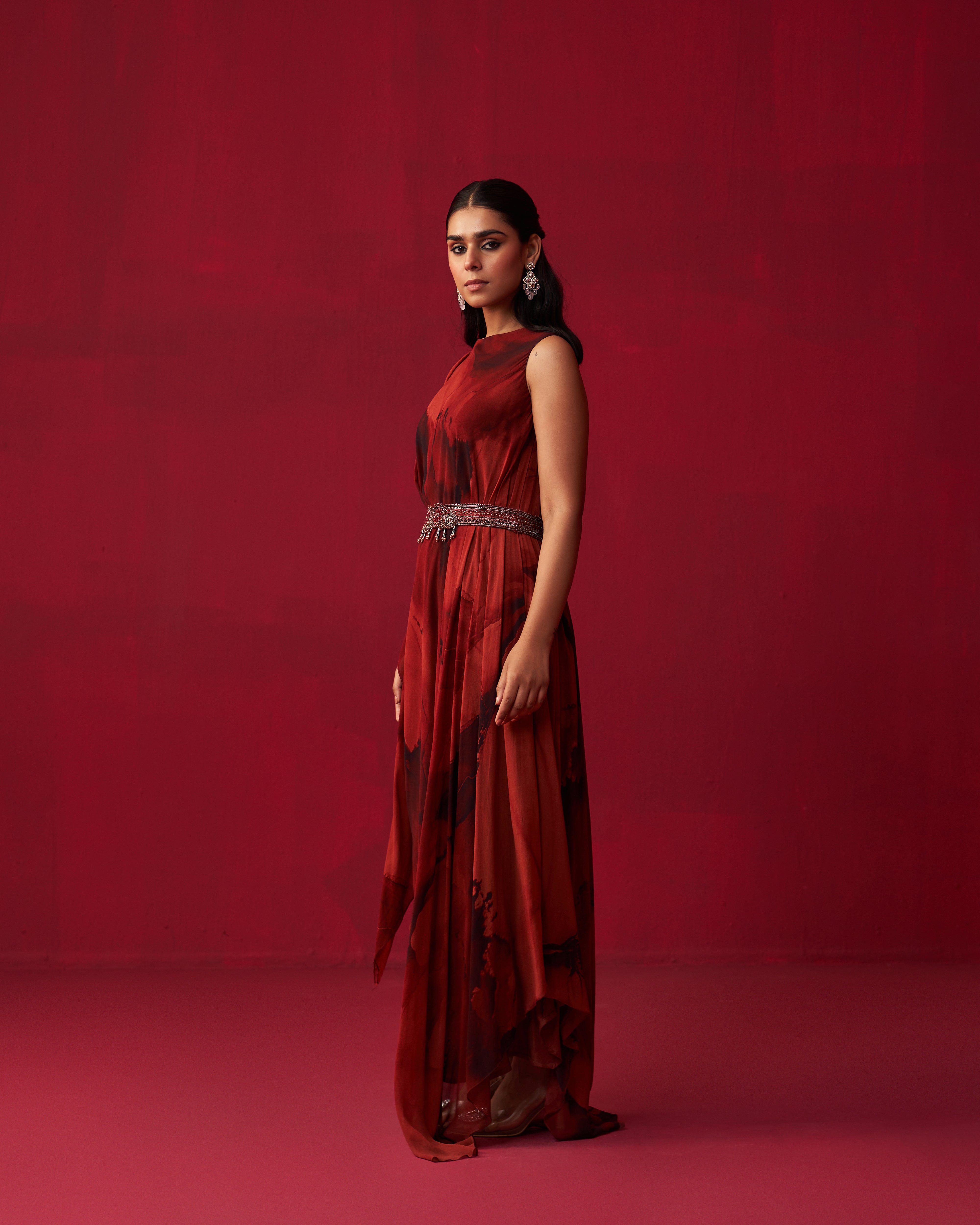 Red Marble Print Dewdrop Draped Kaftan