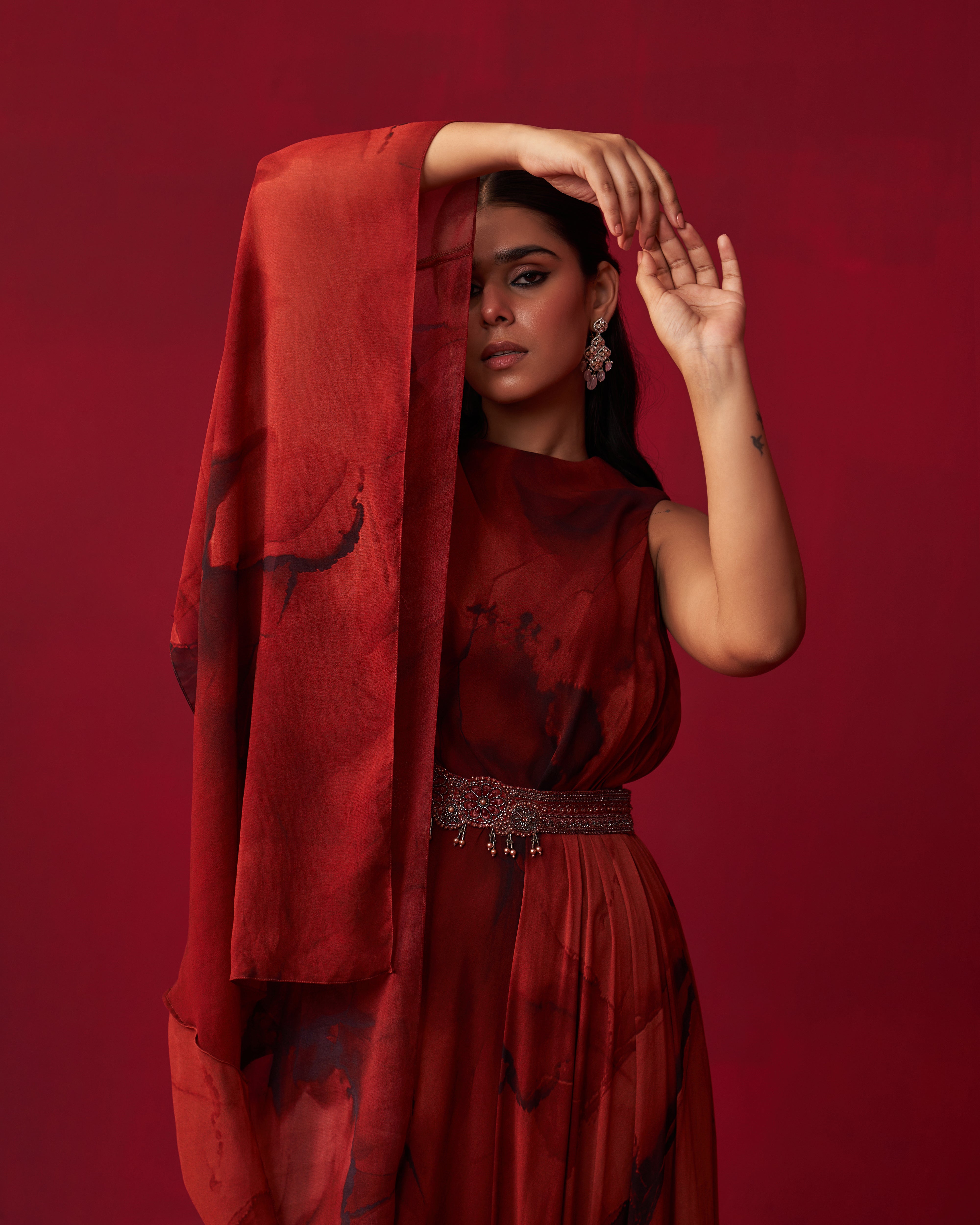 Red Marble Print Dewdrop Draped Kaftan