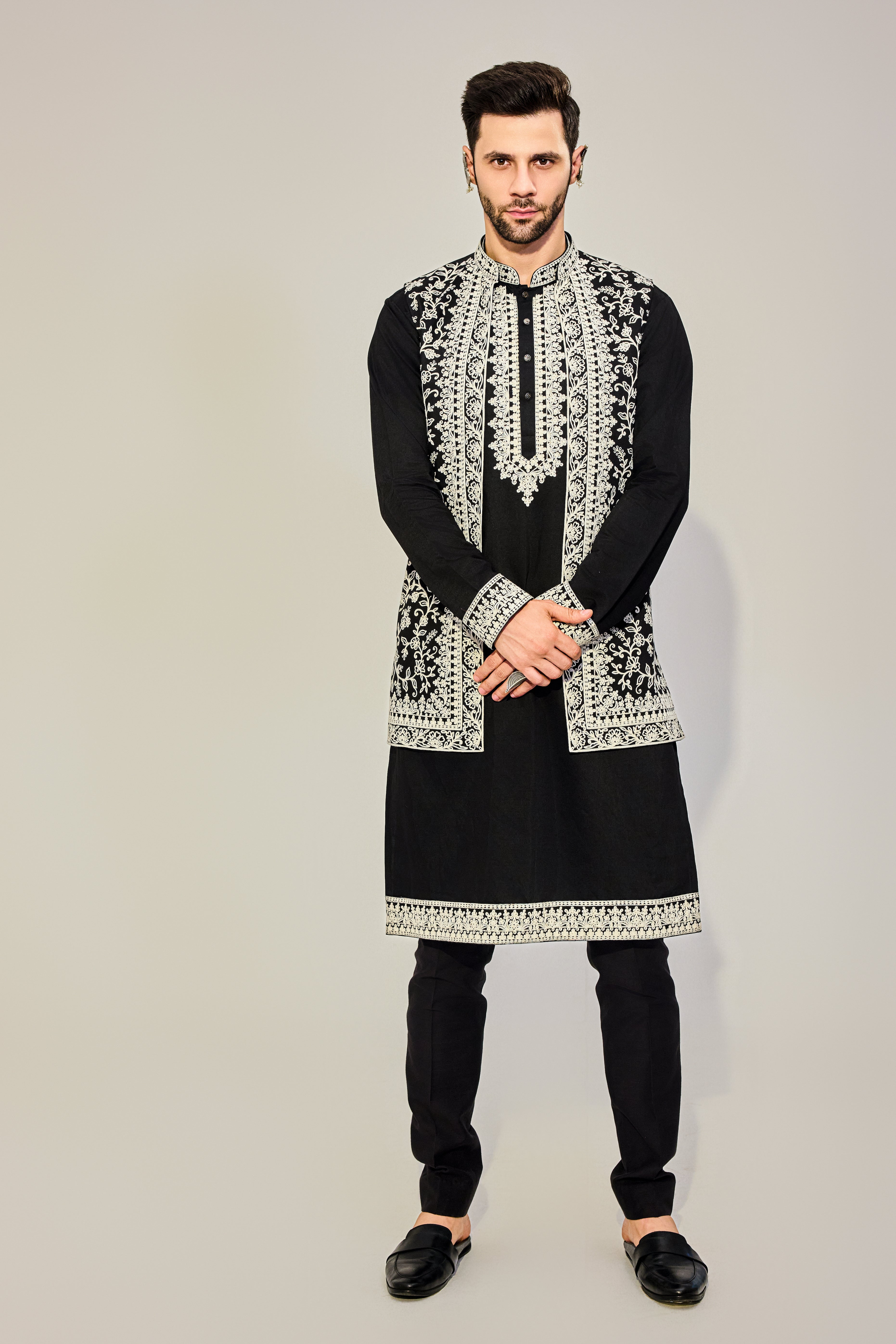 Black Kurta Jacket Set with White Embroidery