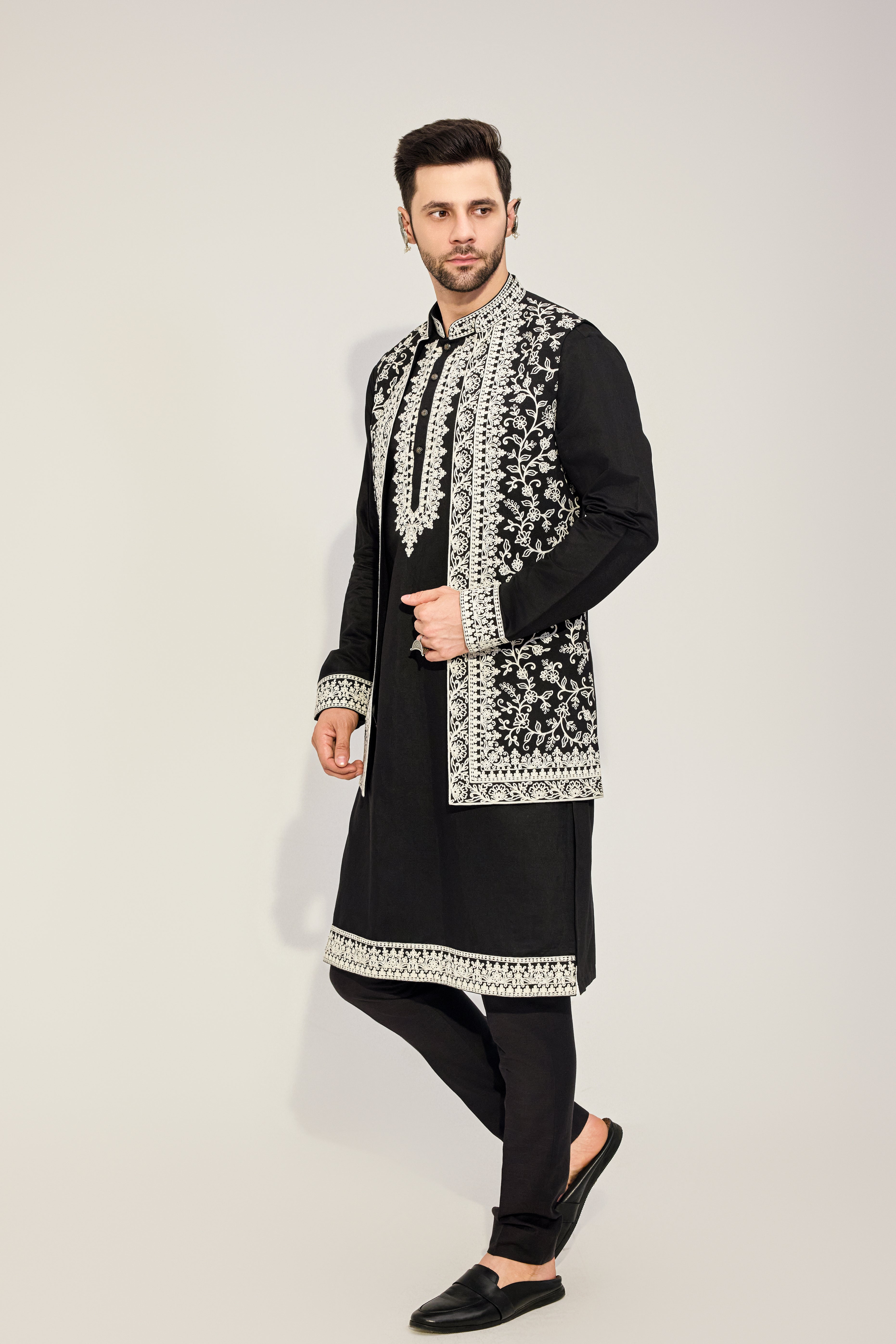 Black Kurta Jacket Set with White Embroidery