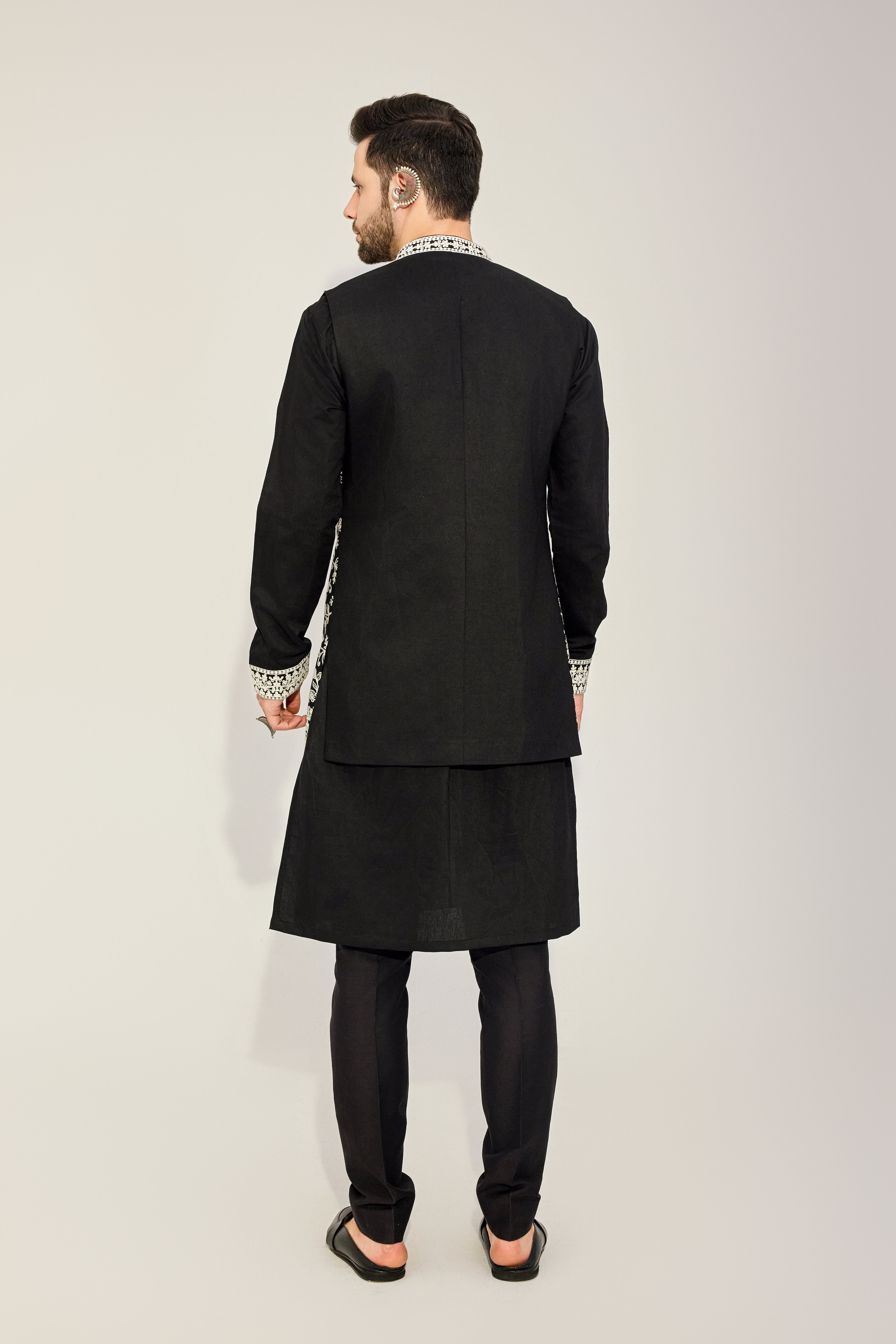 Black Kurta Jacket Set with White Embroidery