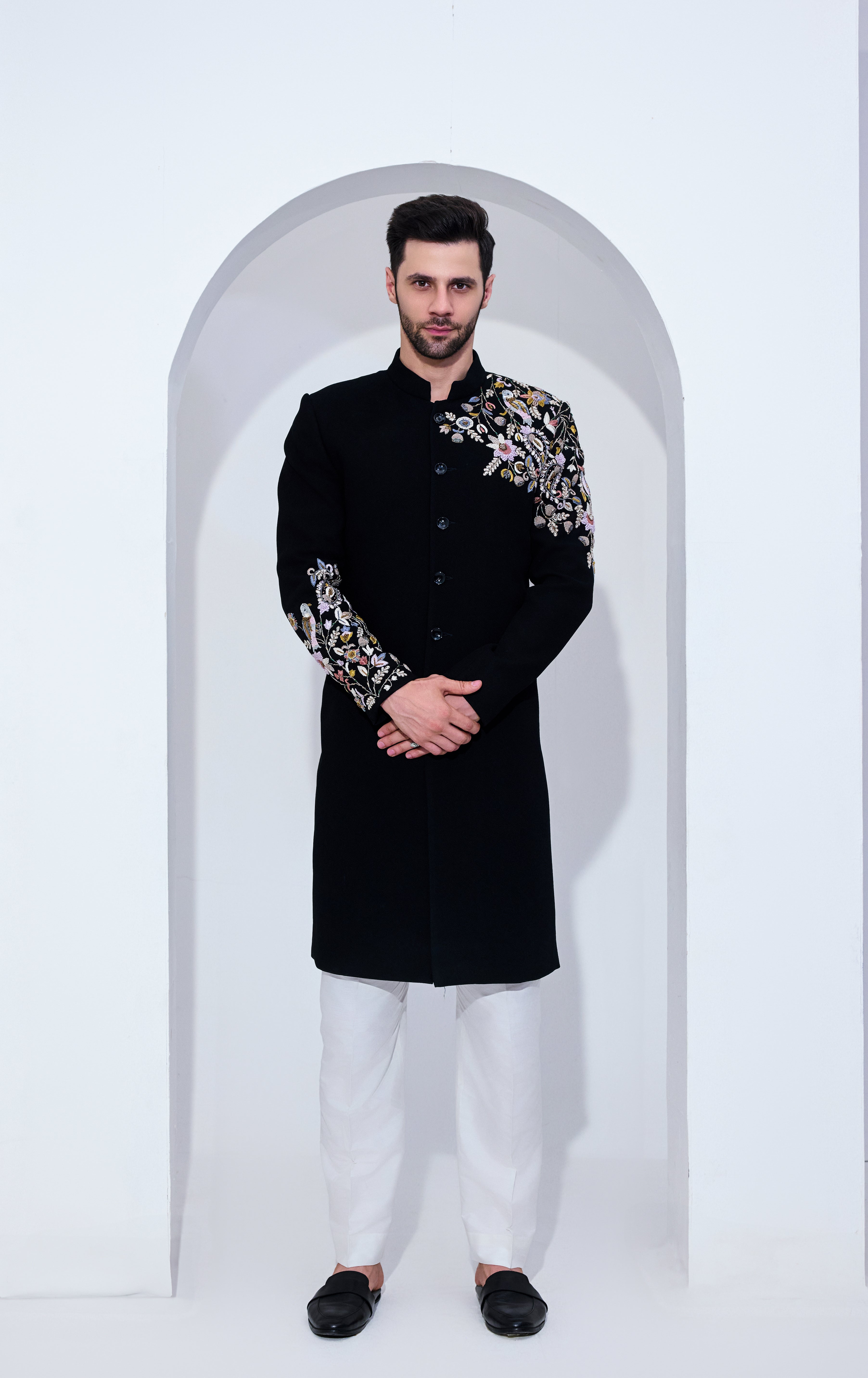 Black Texture Achkan With Chest And Sleeve Embroidery