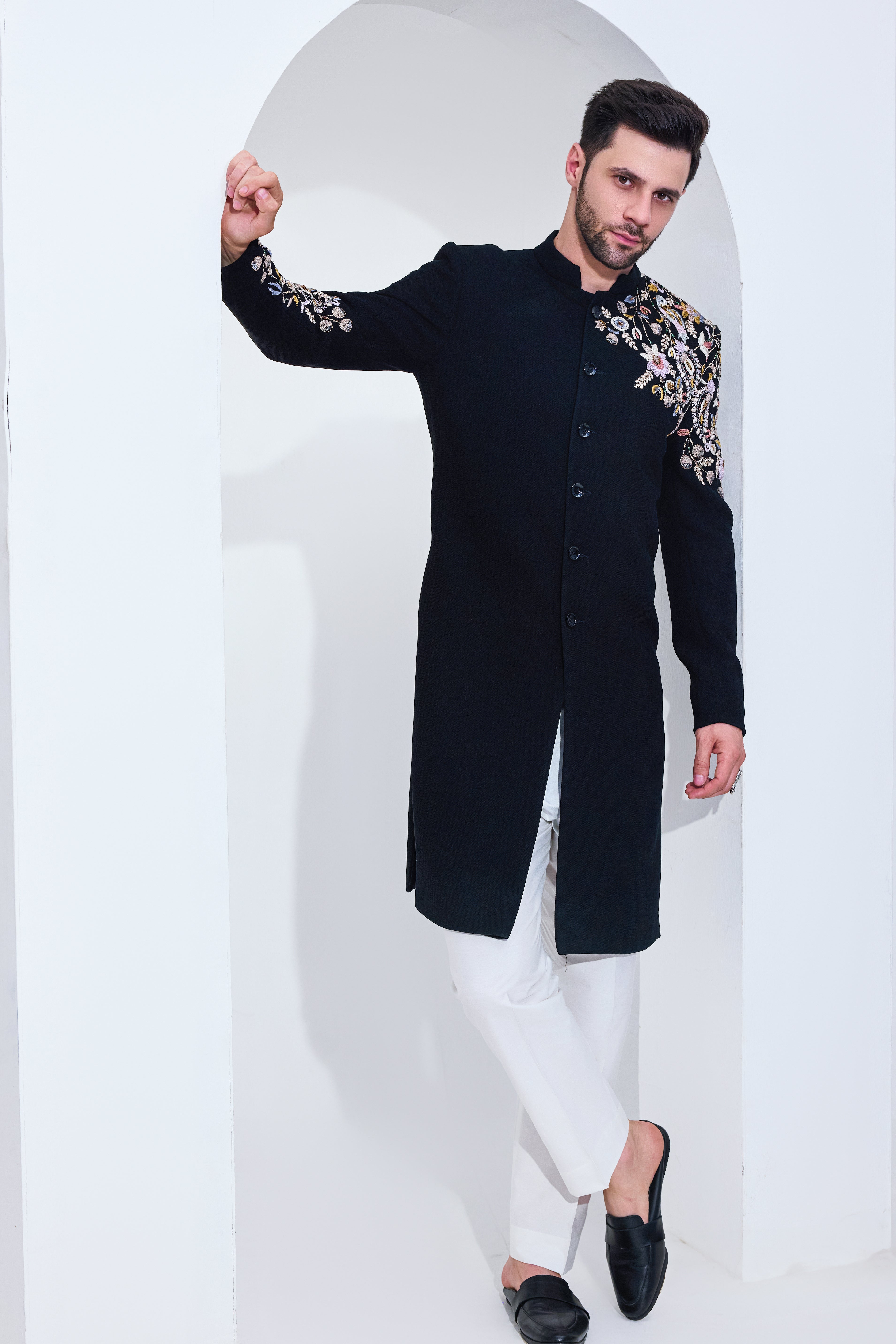 Black Texture Achkan With Chest And Sleeve Embroidery