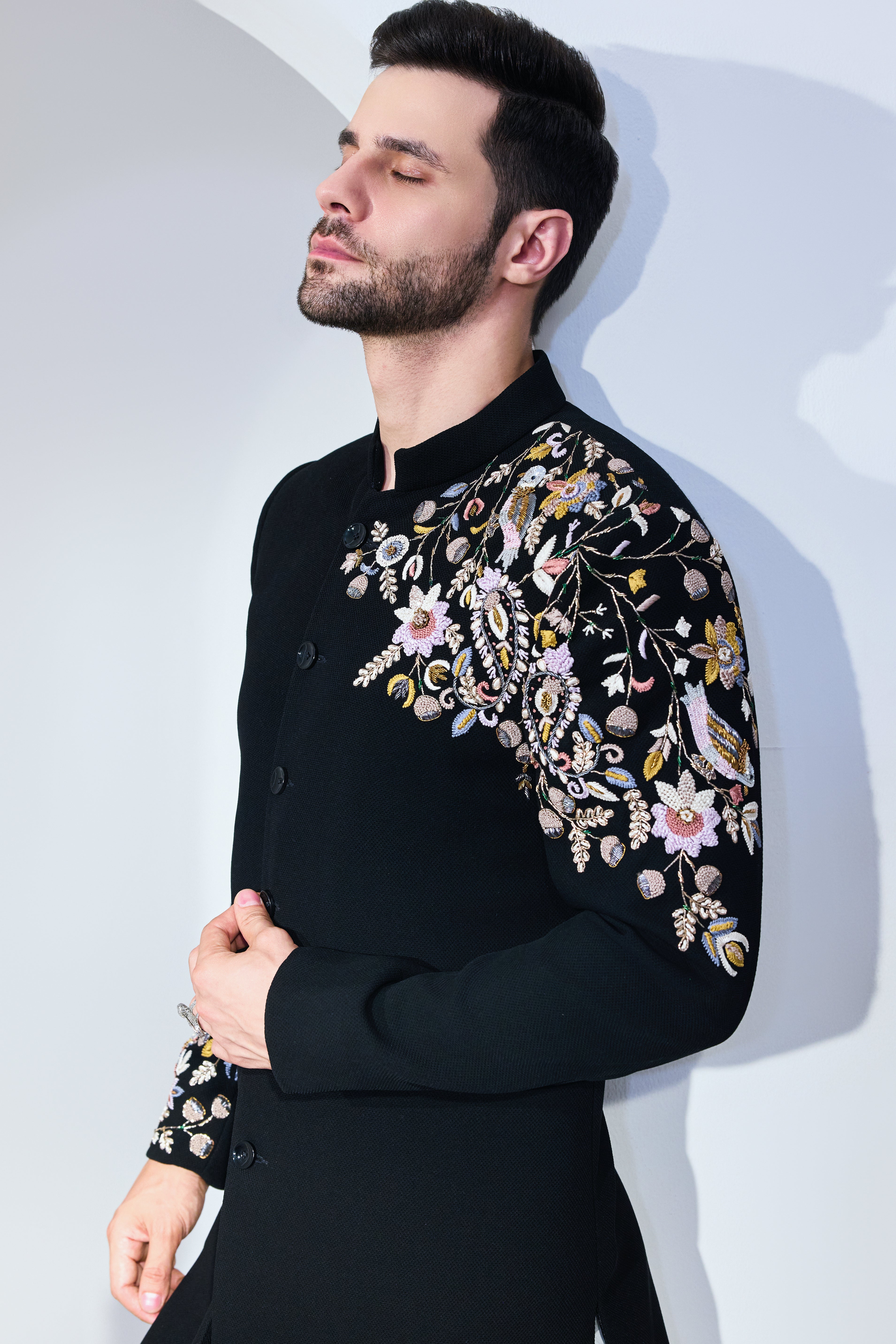 Black Texture Achkan With Chest And Sleeve Embroidery