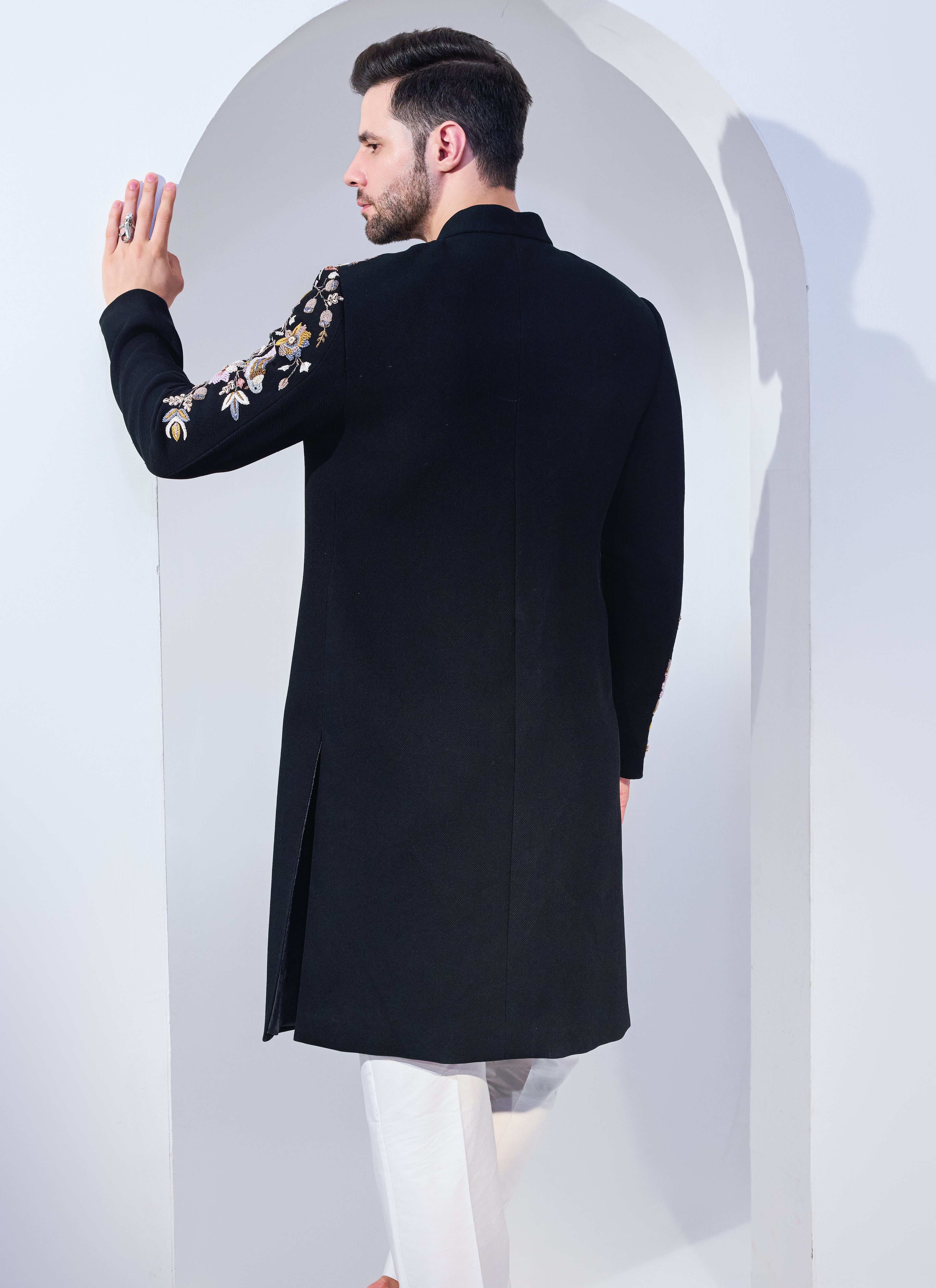 Black Texture Achkan With Chest And Sleeve Embroidery