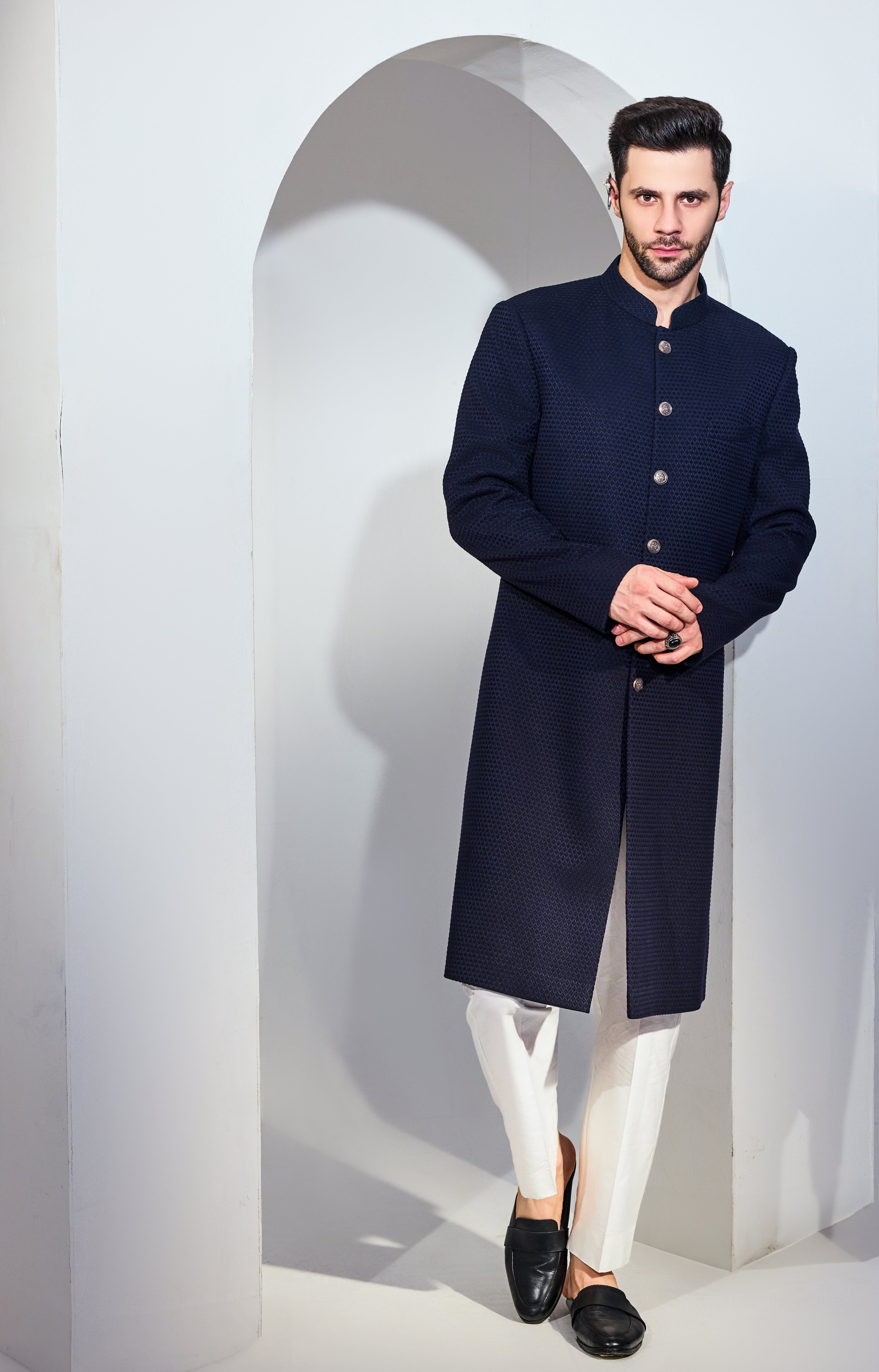 Navy Blue Diamond Texture Achkan With Pants