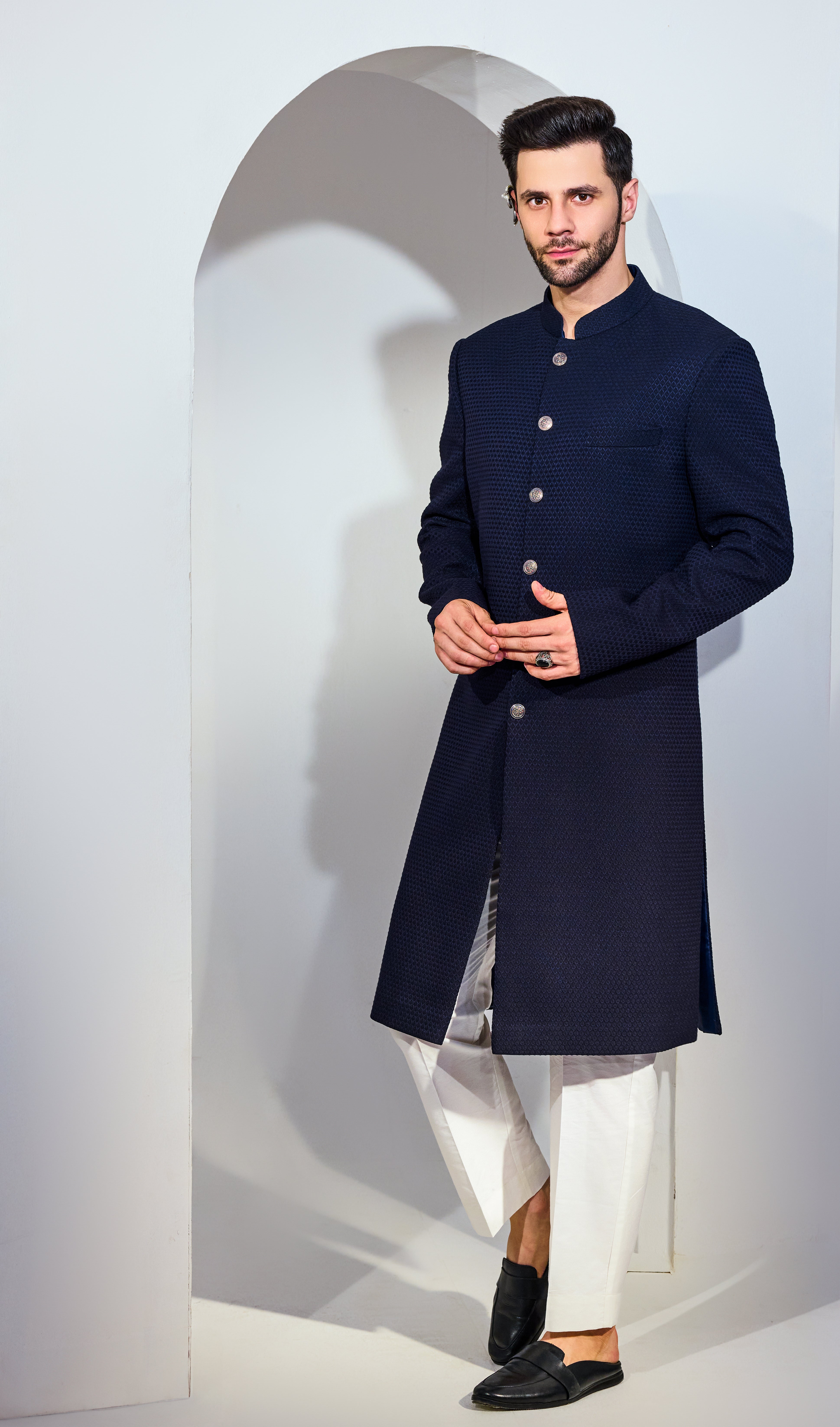 Navy Blue Diamond Texture Achkan With Pants