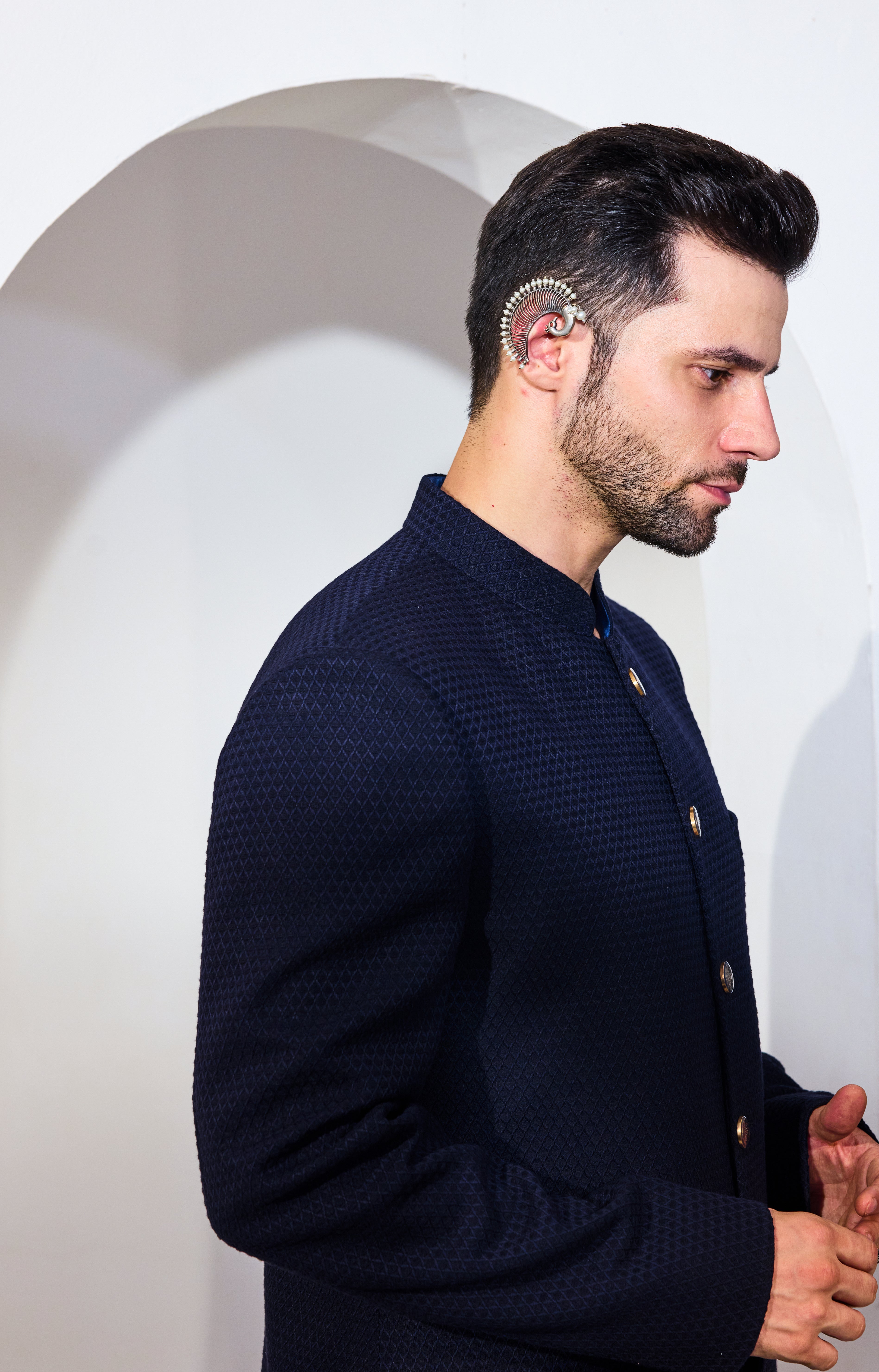 Navy Blue Diamond Texture Achkan With Pants