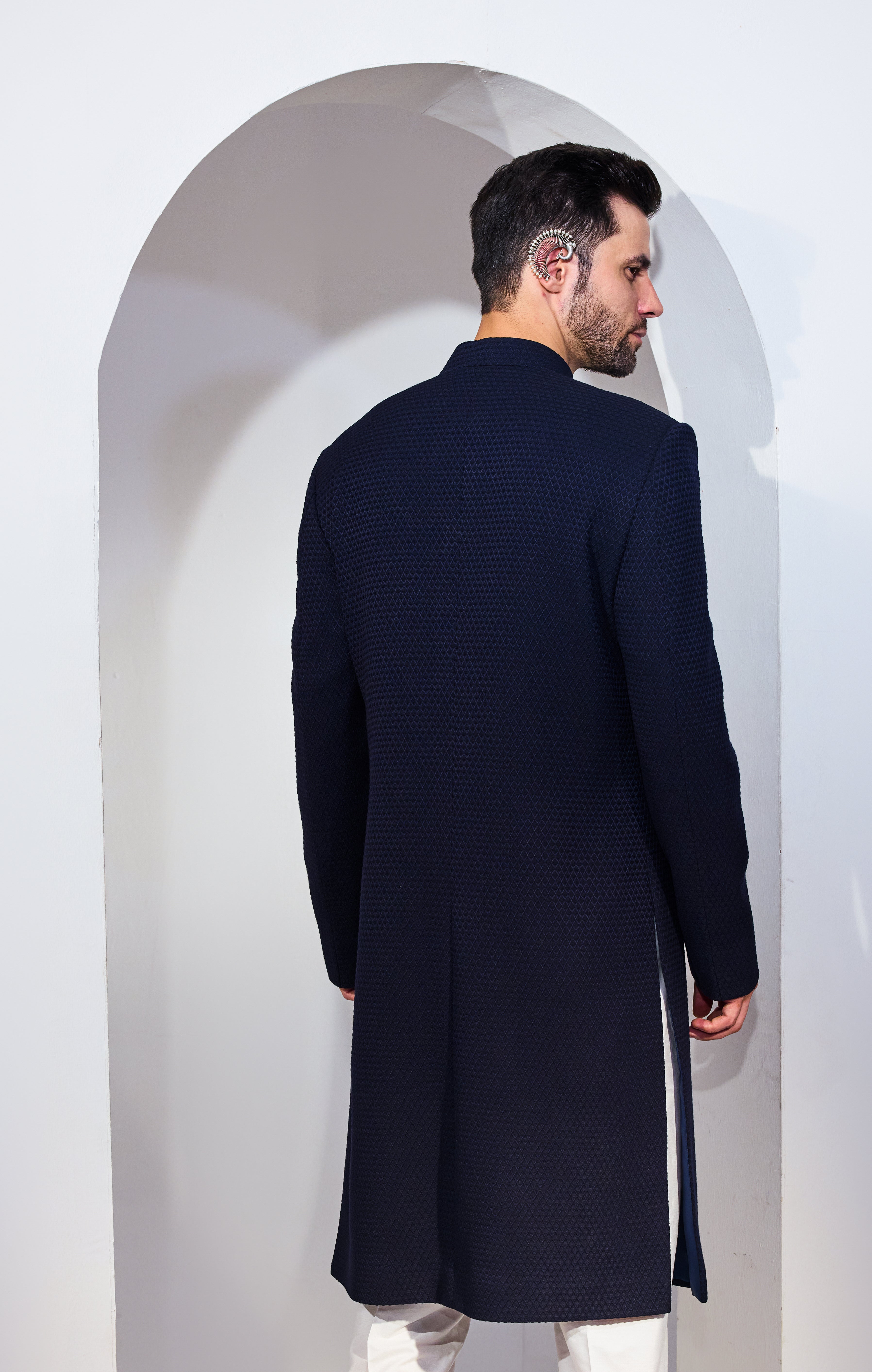 Navy Blue Diamond Texture Achkan With Pants