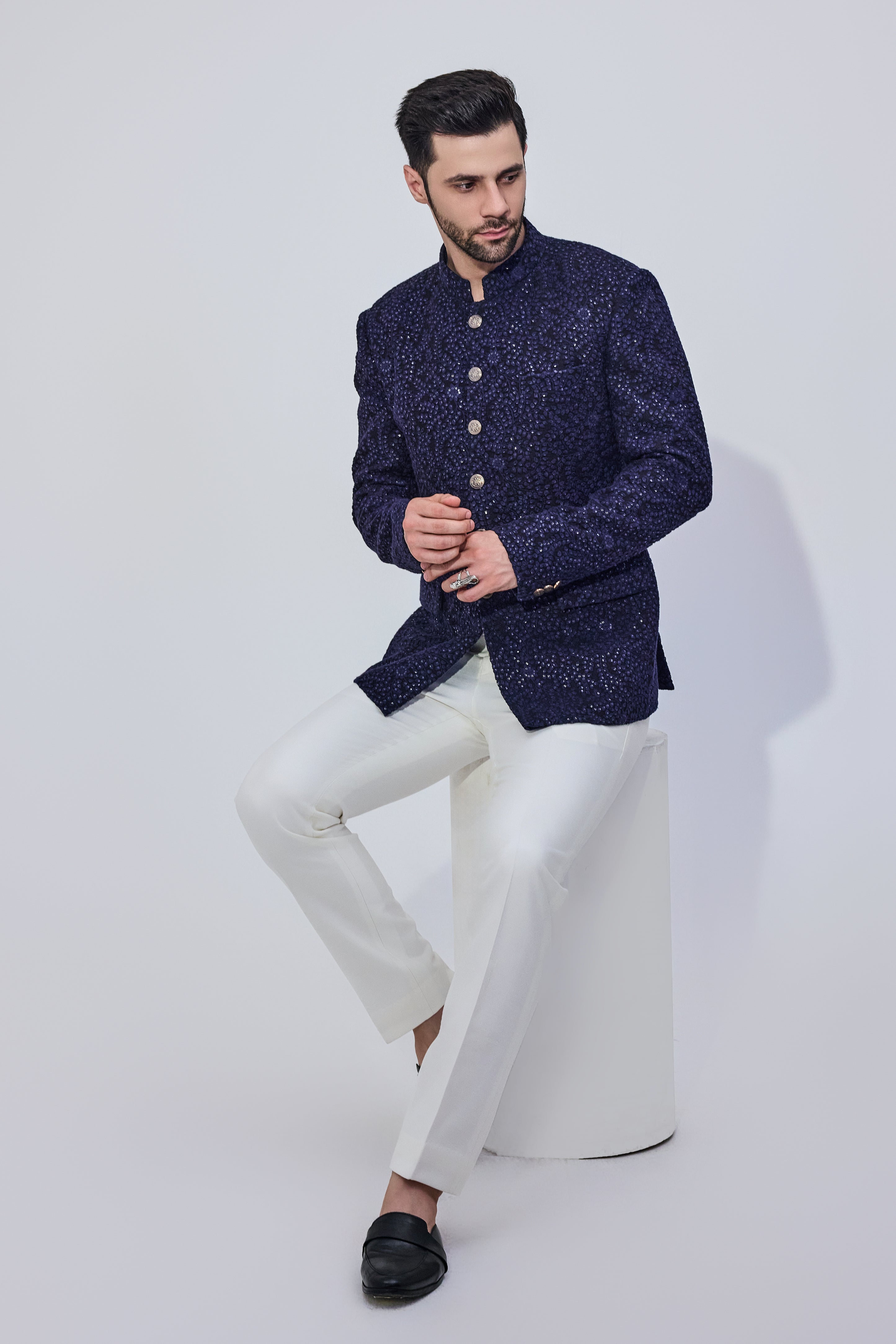 Navy Sequins Bandhgala With Offwhite Pants