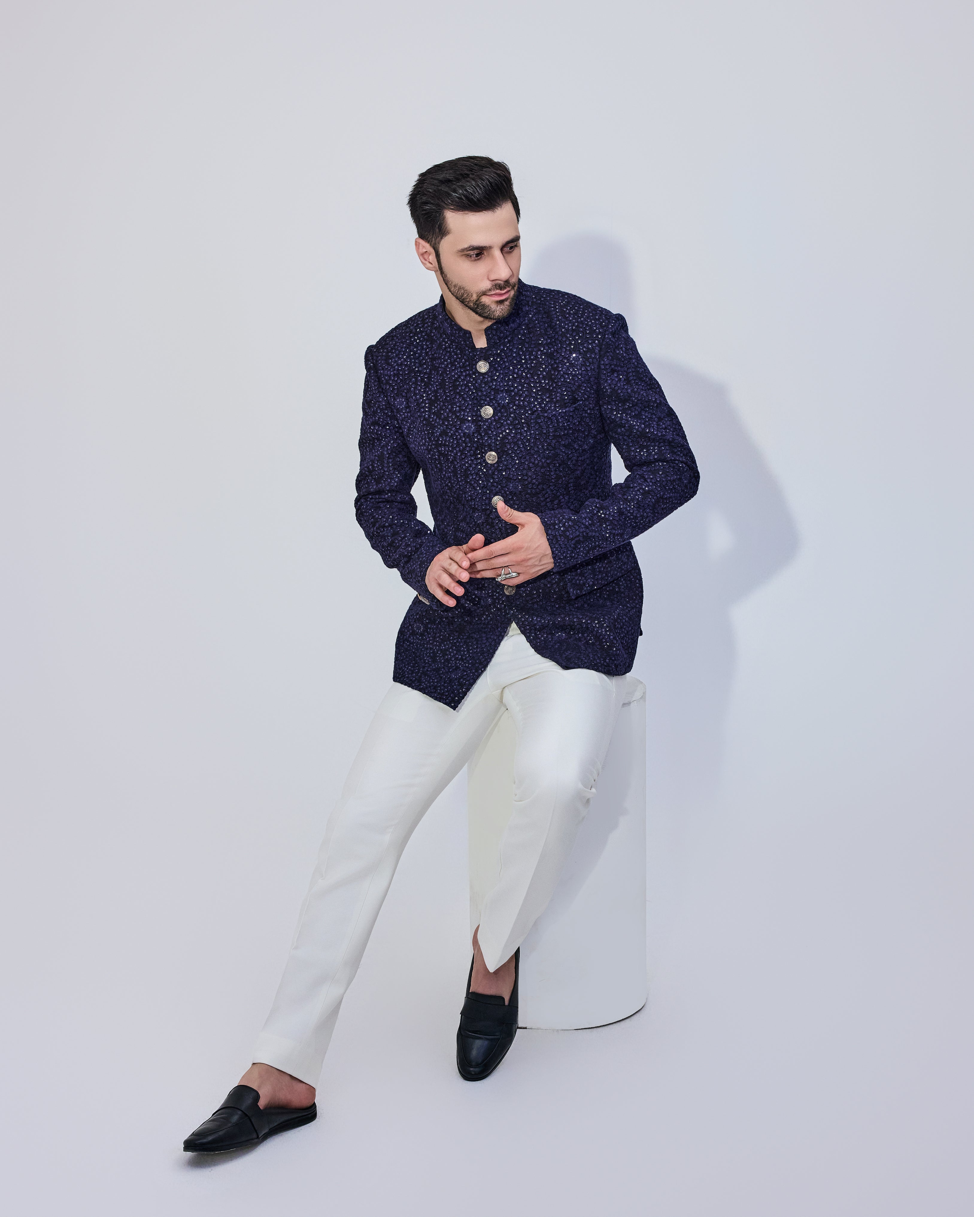 Navy Sequins Bandhgala With Offwhite Pants