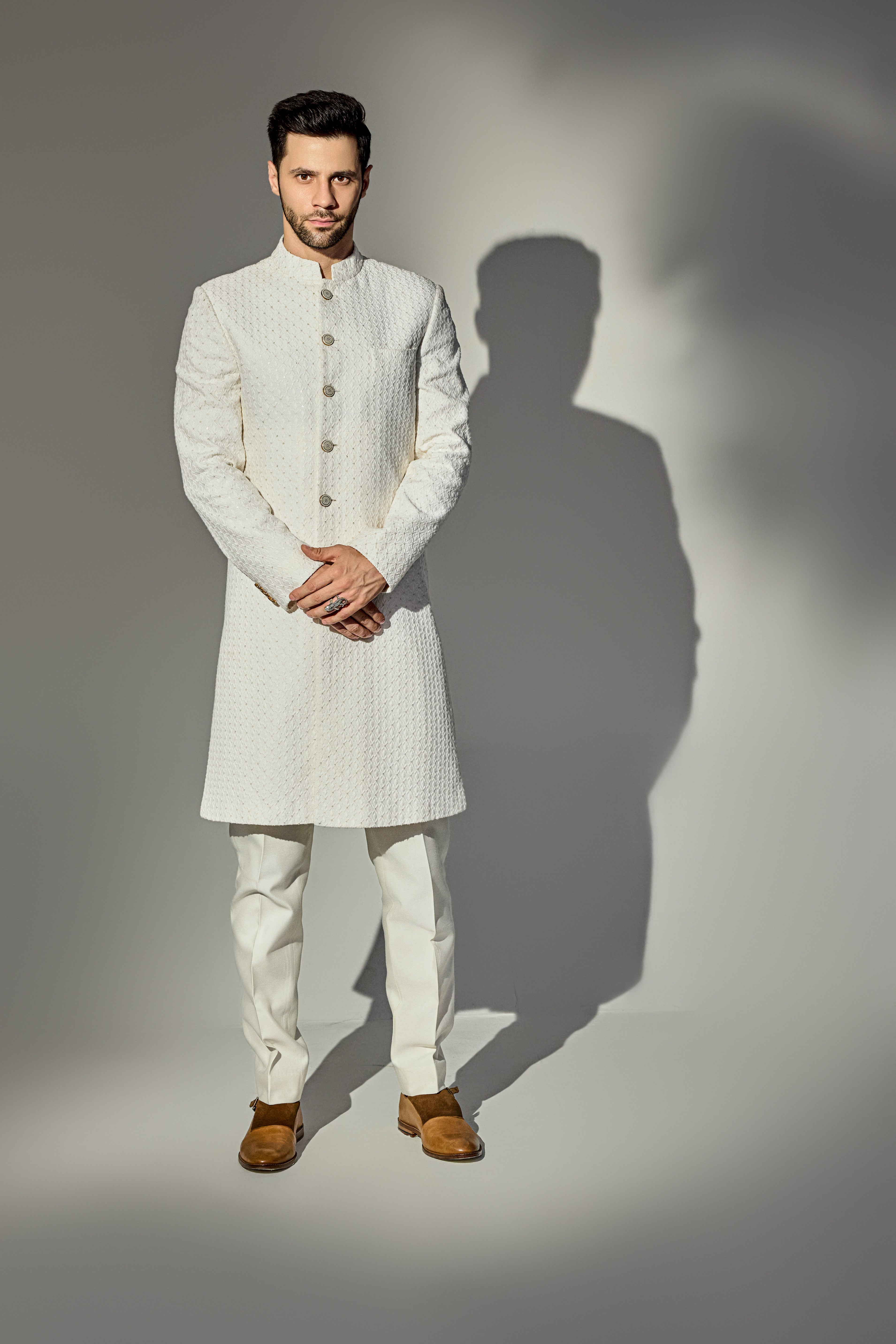 Offwhite Thread Work Achkan With Single Sequins