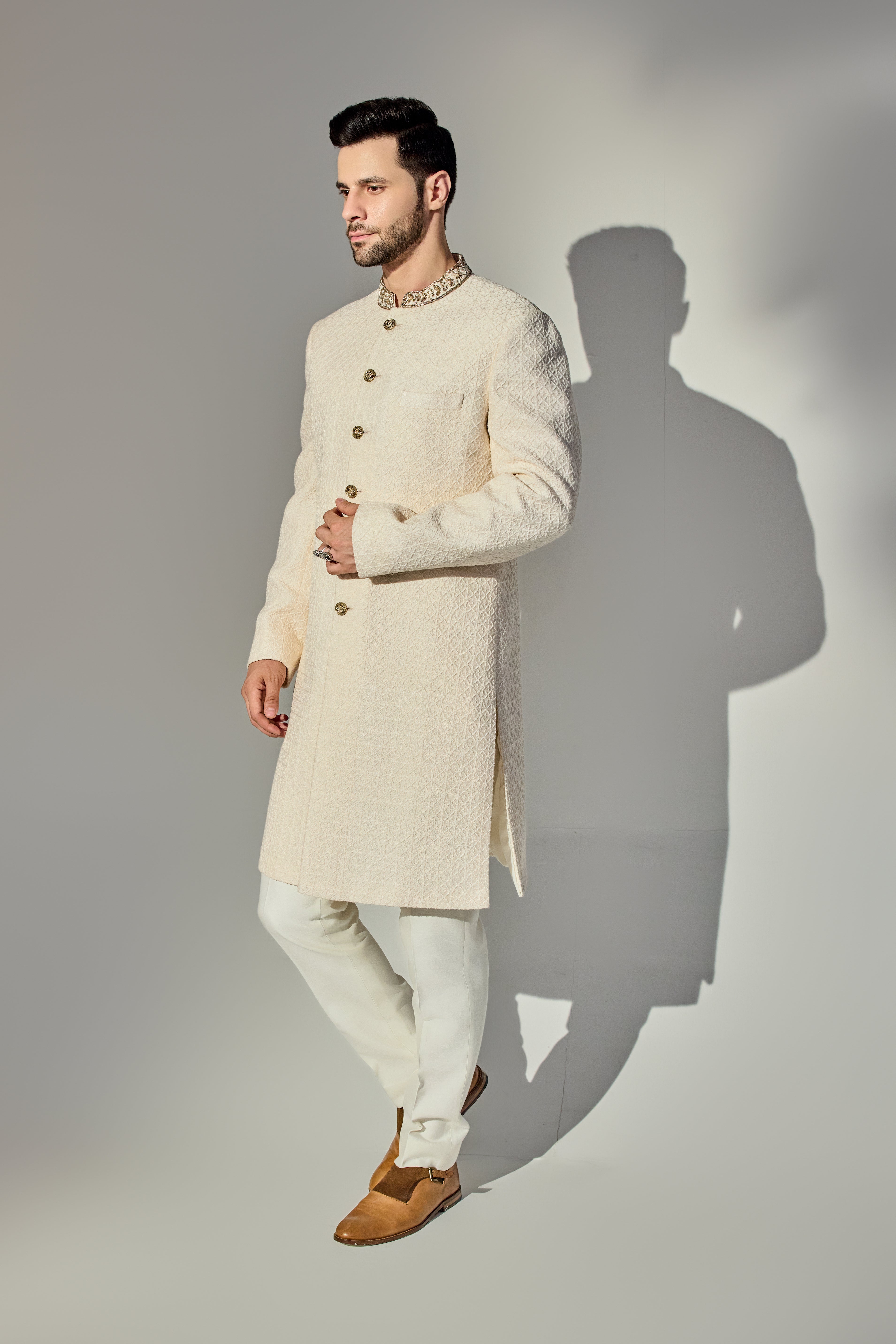 Light Pink Dabbi Achkan With Neck Gold Work