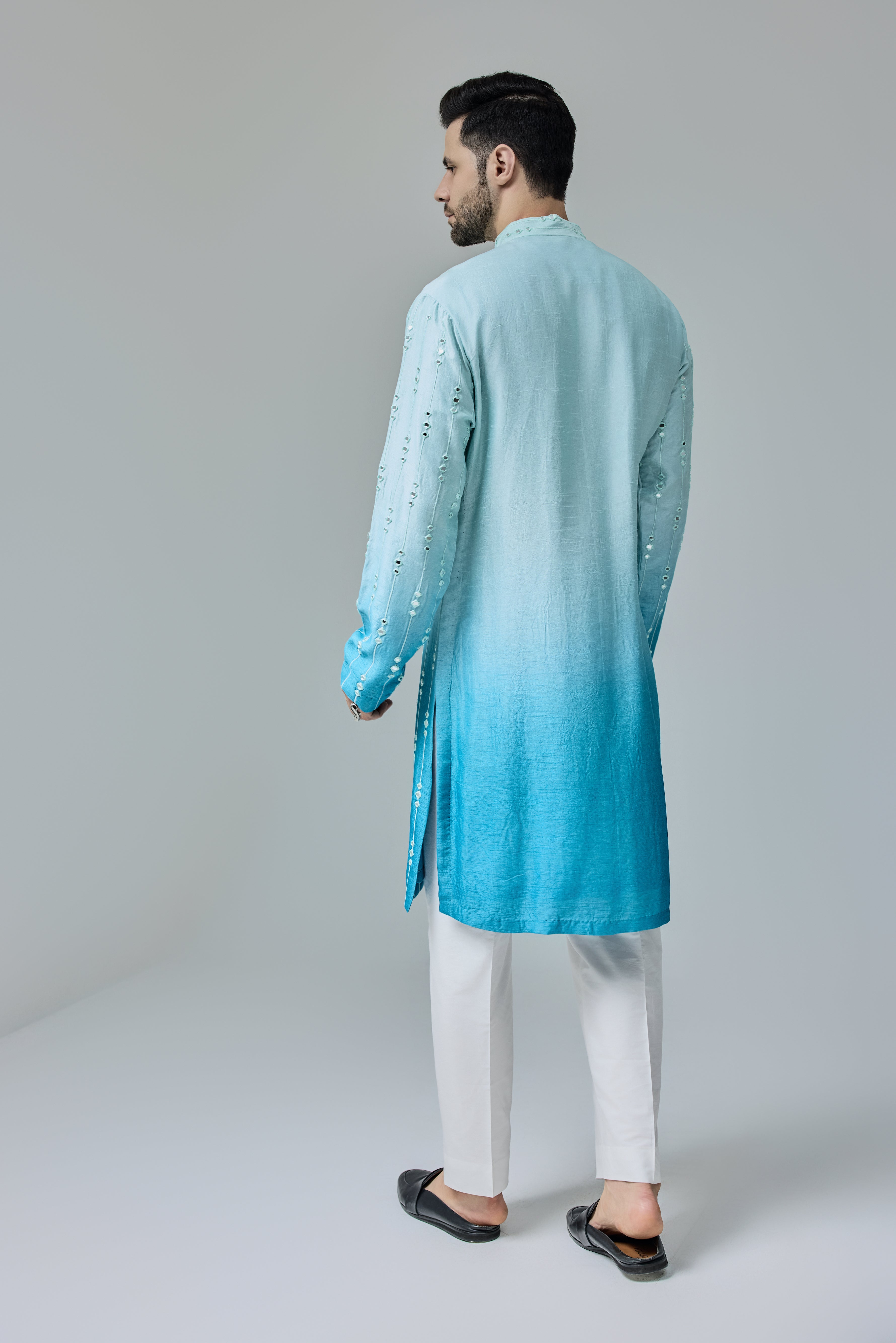 Blue White Ombre Kurta With Mirror Work