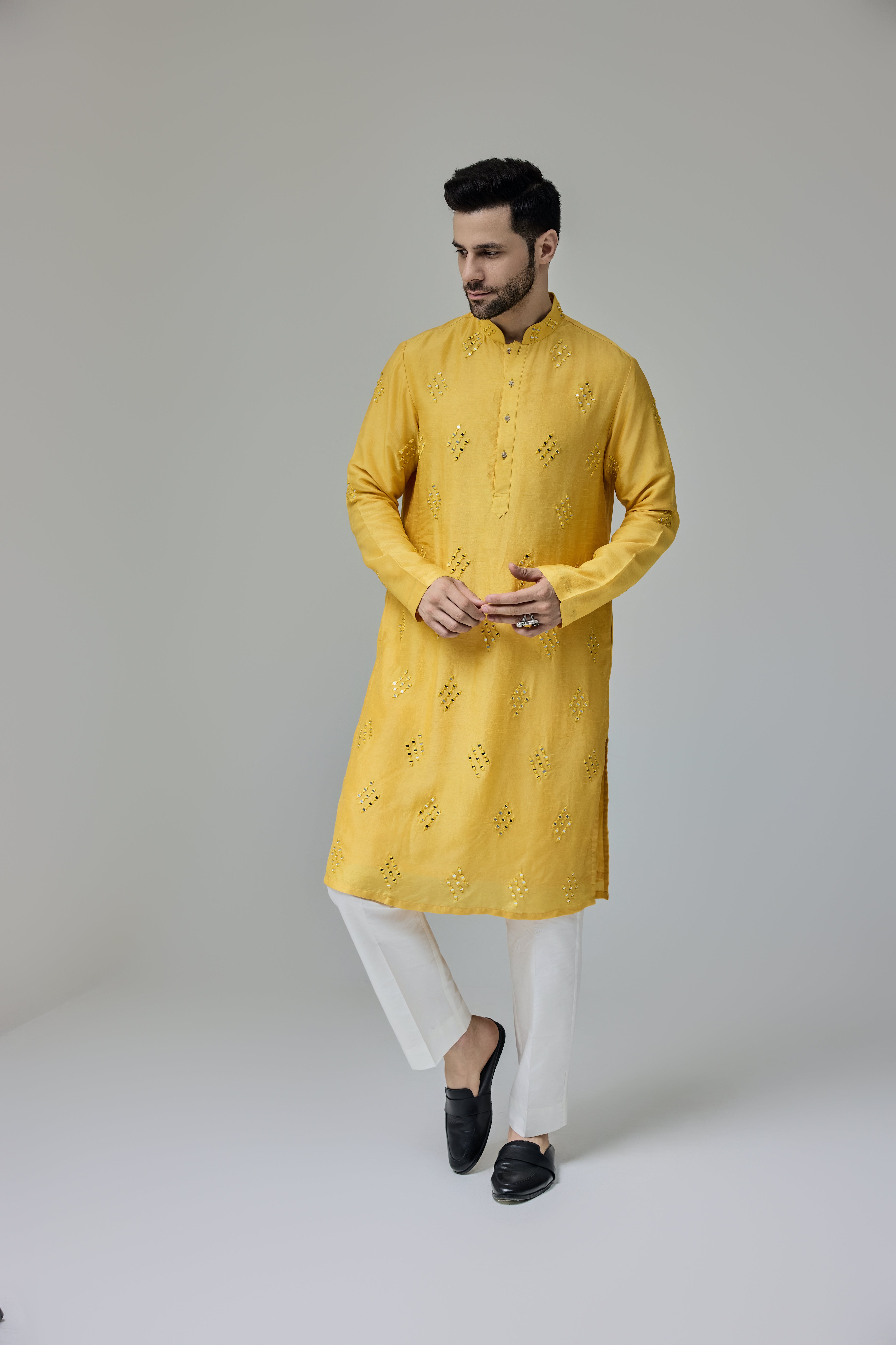 Yellow Kurta With Mirror Work Motifs