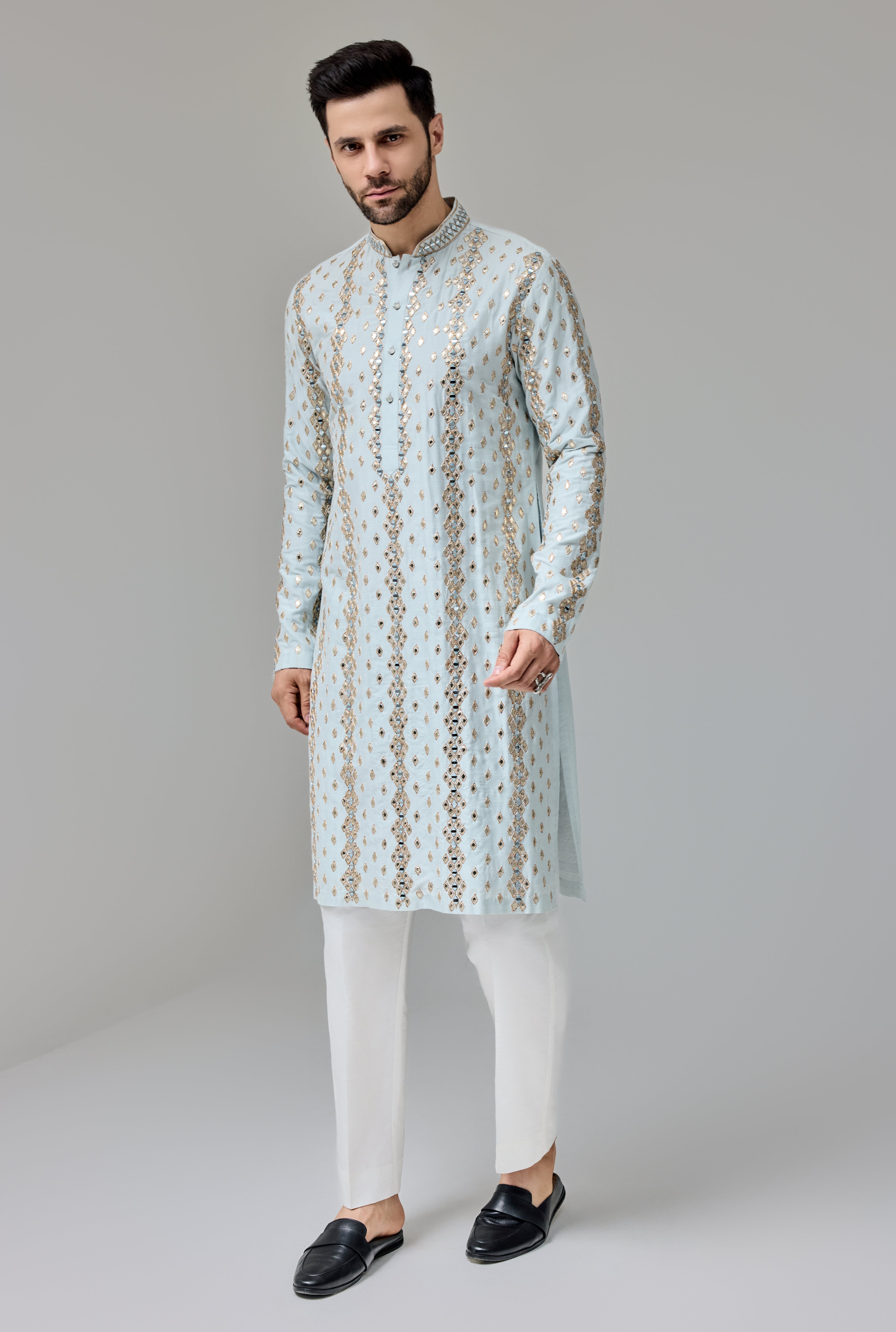 Light Blue Leather Patch Mirror Kurta Set