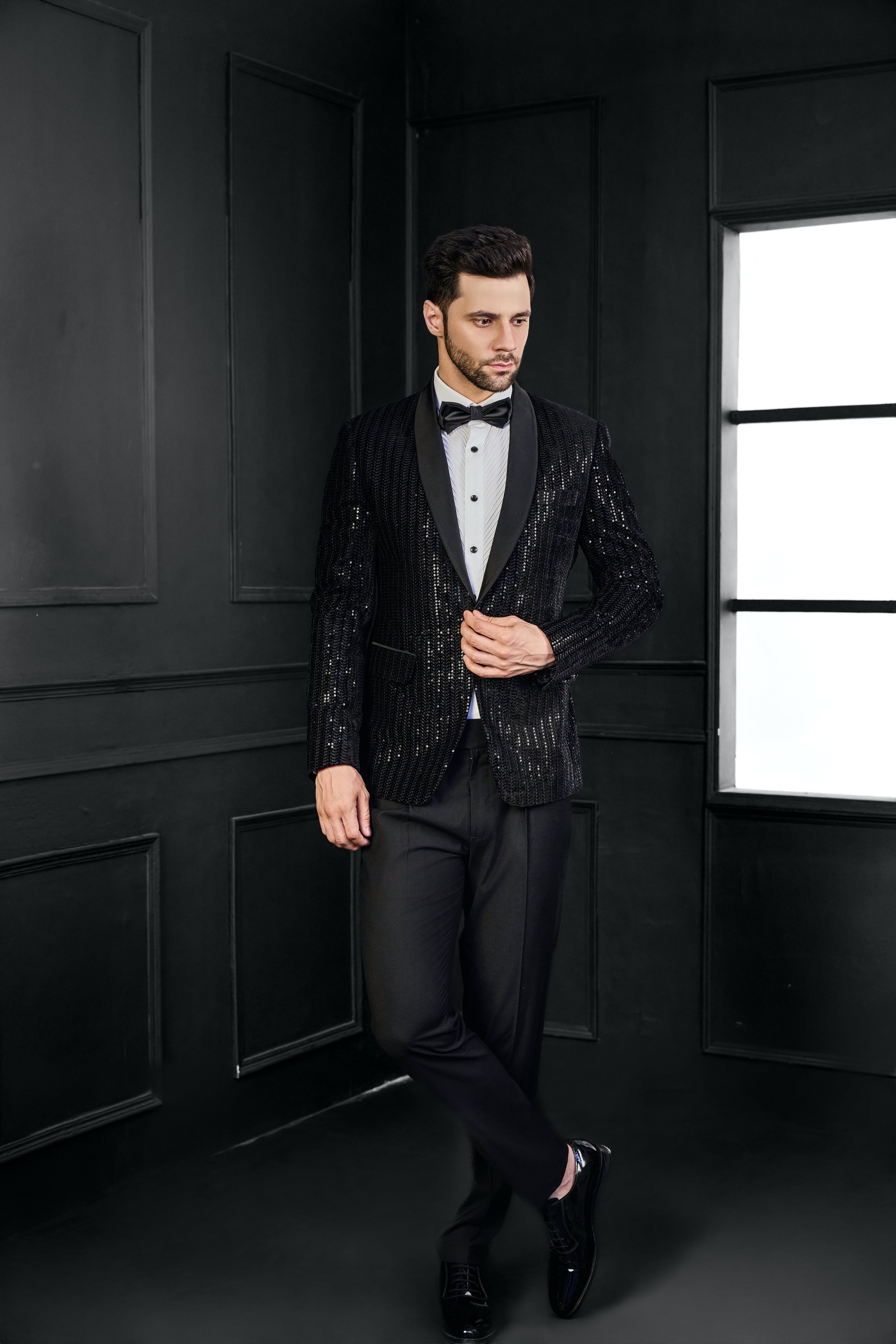 Thread Embriodery With Sequins Herringbone Design Tuxedo
