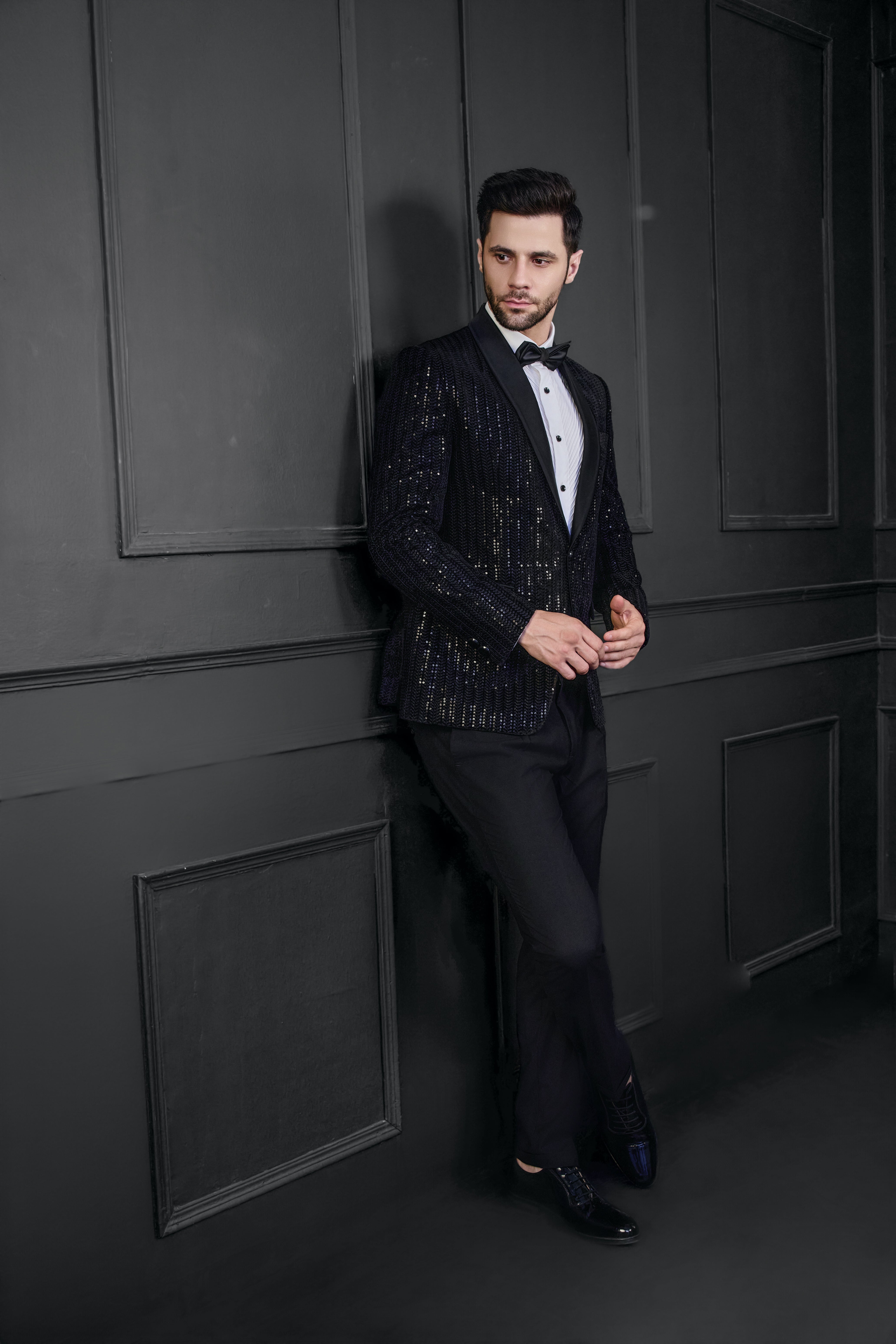 Thread Embriodery With Sequins Herringbone Design Tuxedo