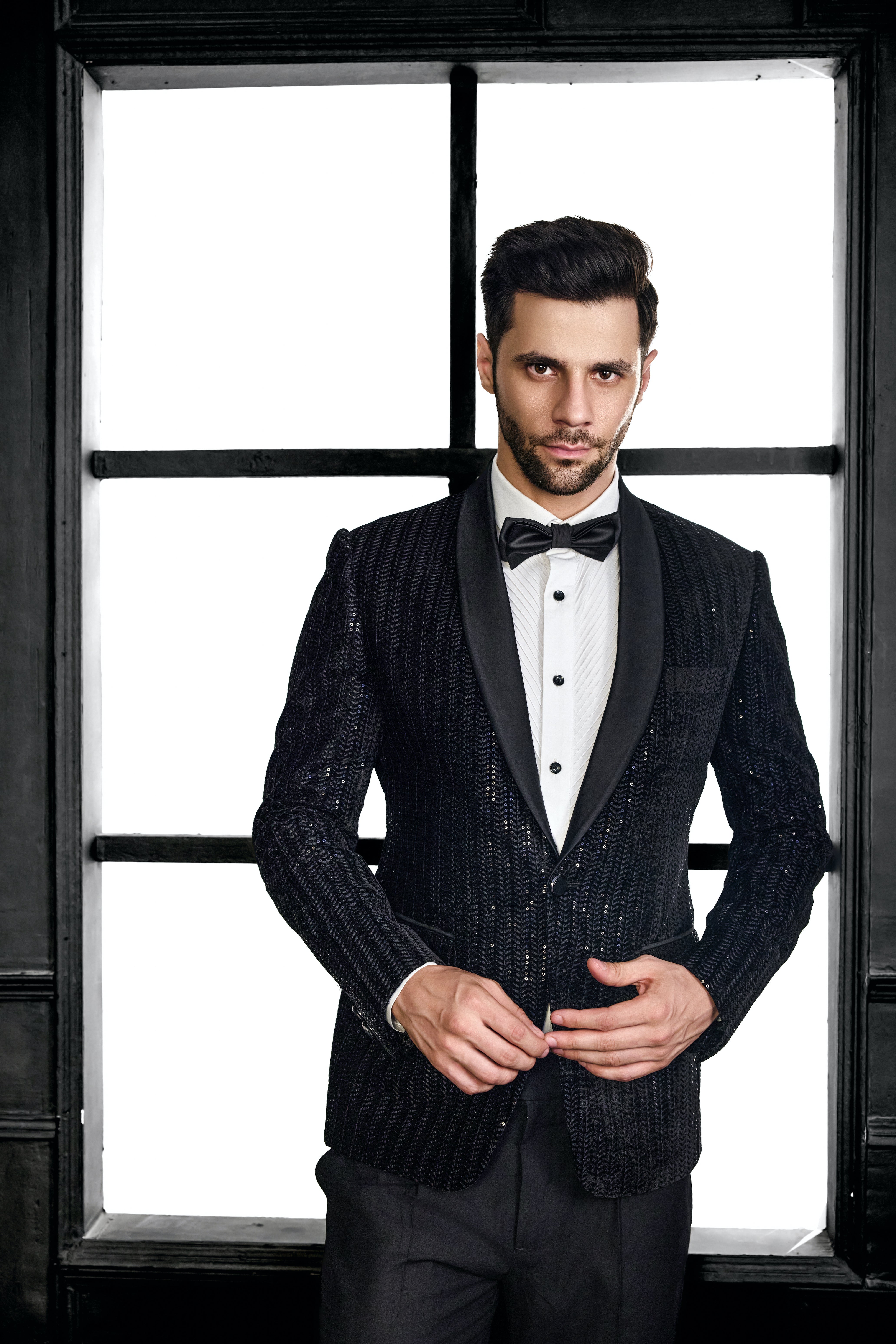 Thread Embriodery With Sequins Herringbone Design Tuxedo