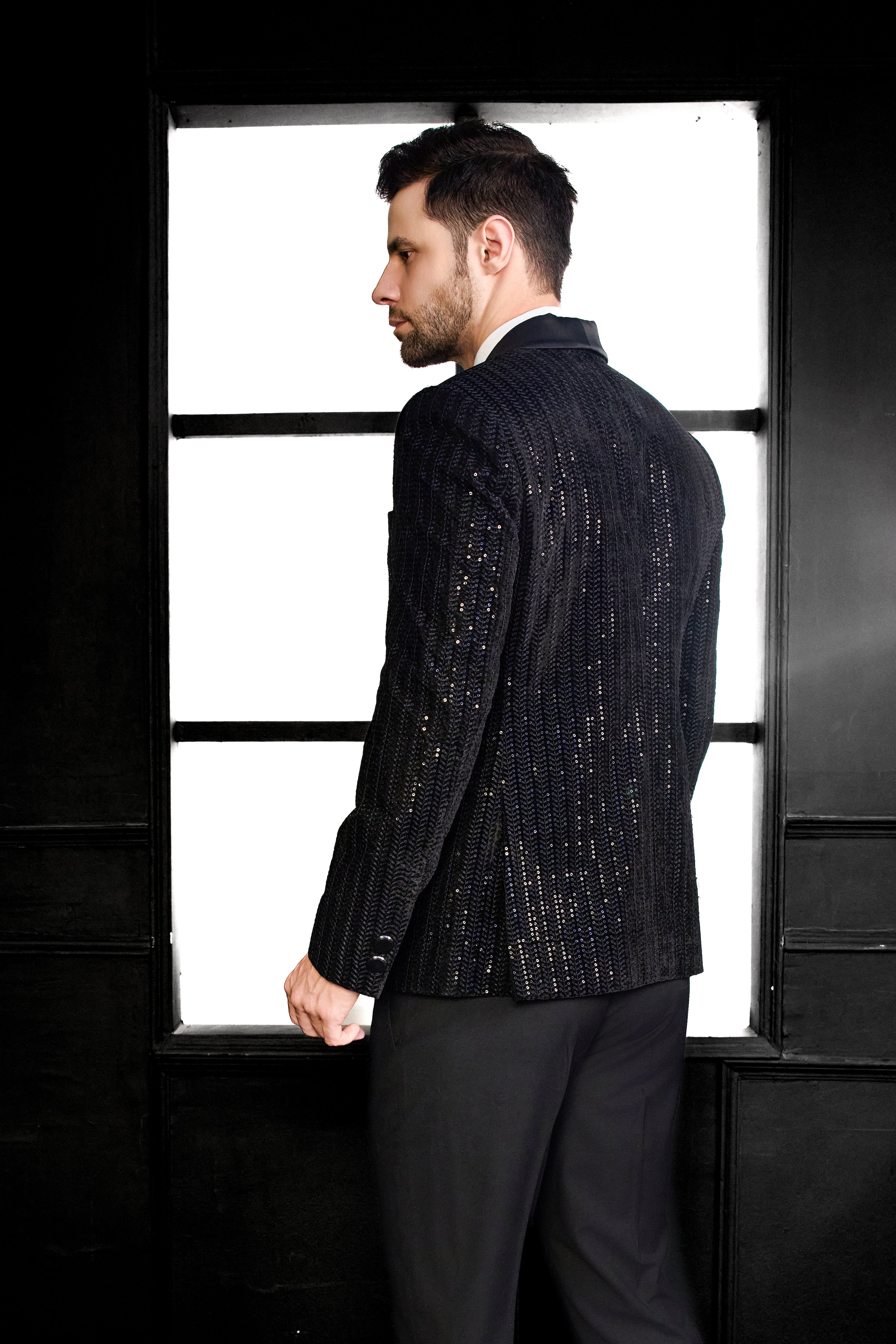 Thread Embriodery With Sequins Herringbone Design Tuxedo