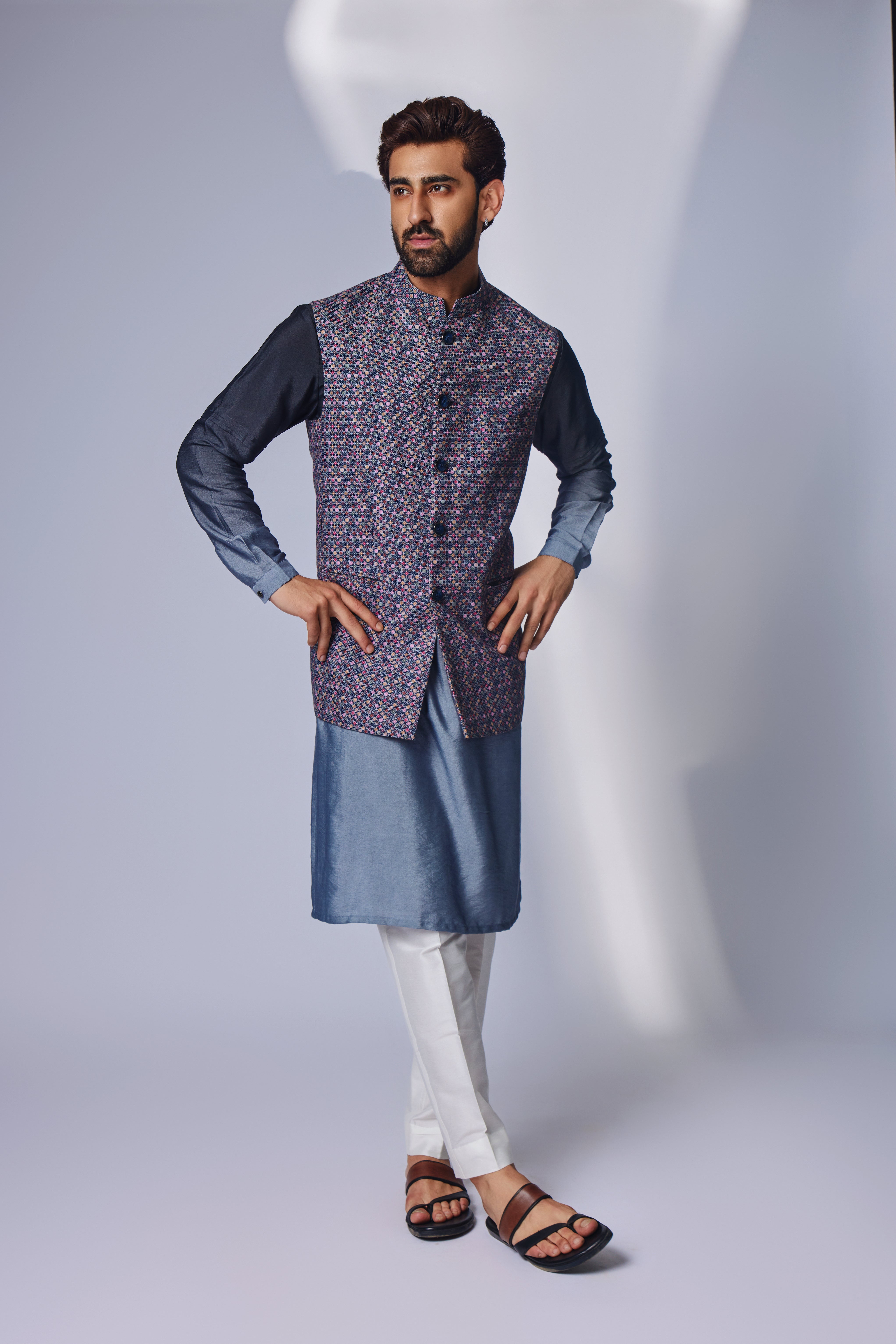 Grey Zhaki Print Multicolor Linen Nehru Jacket Set