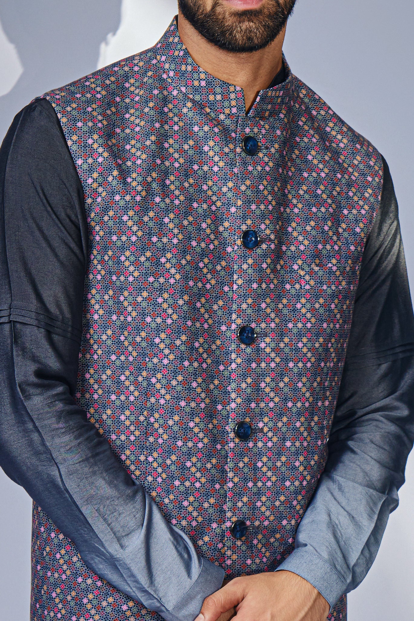Grey Zhaki Print Multicolor Linen Nehru Jacket Set