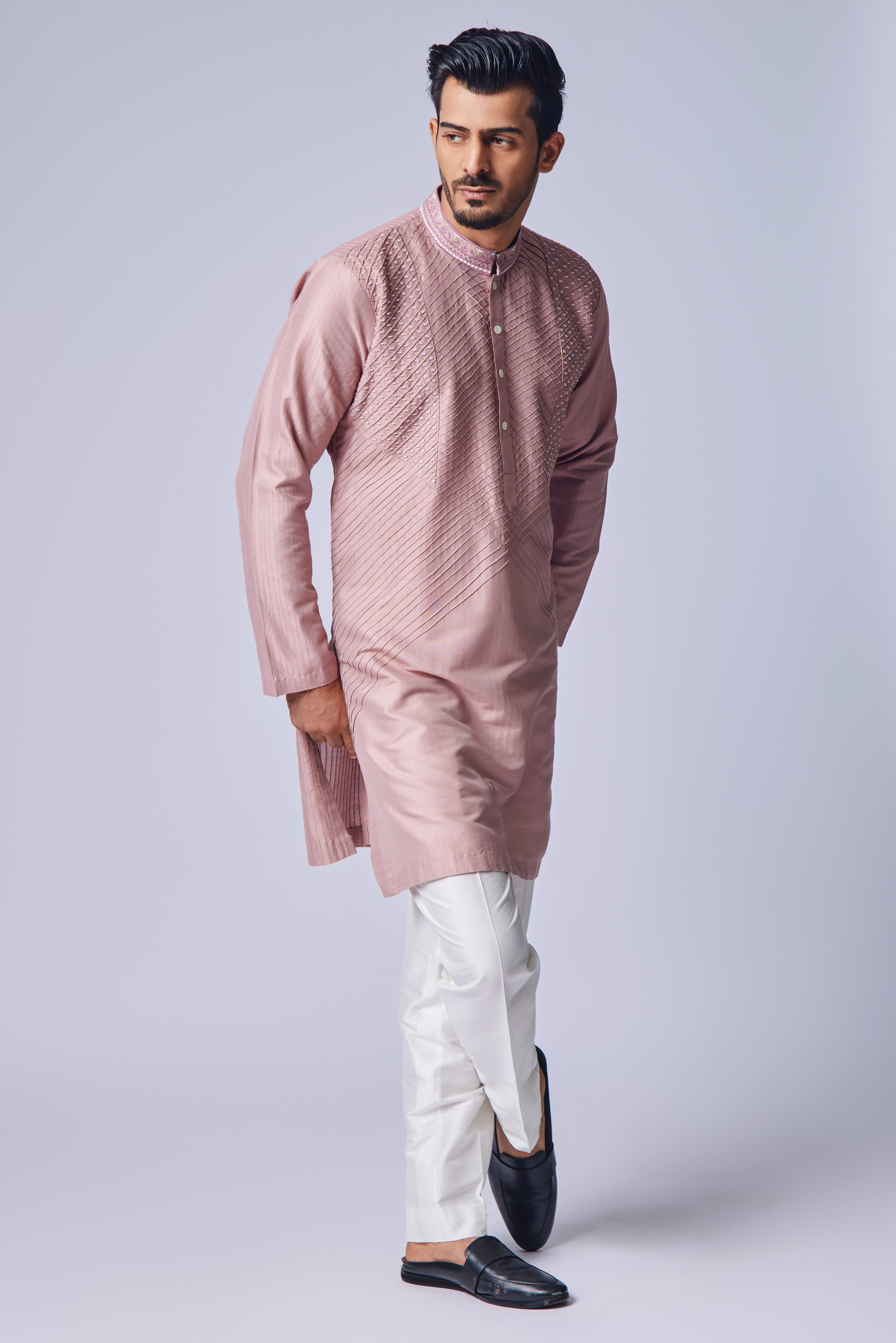 Peach Pink Kurta Set With Pearl Work