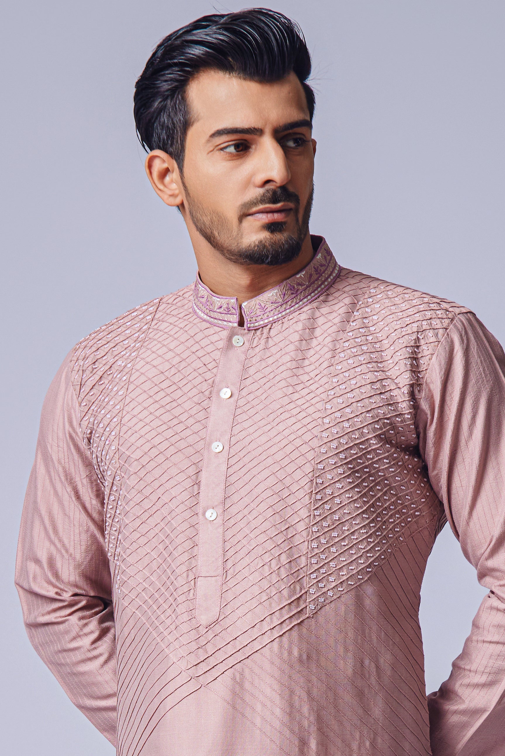 Peach Pink Kurta Set With Pearl Work