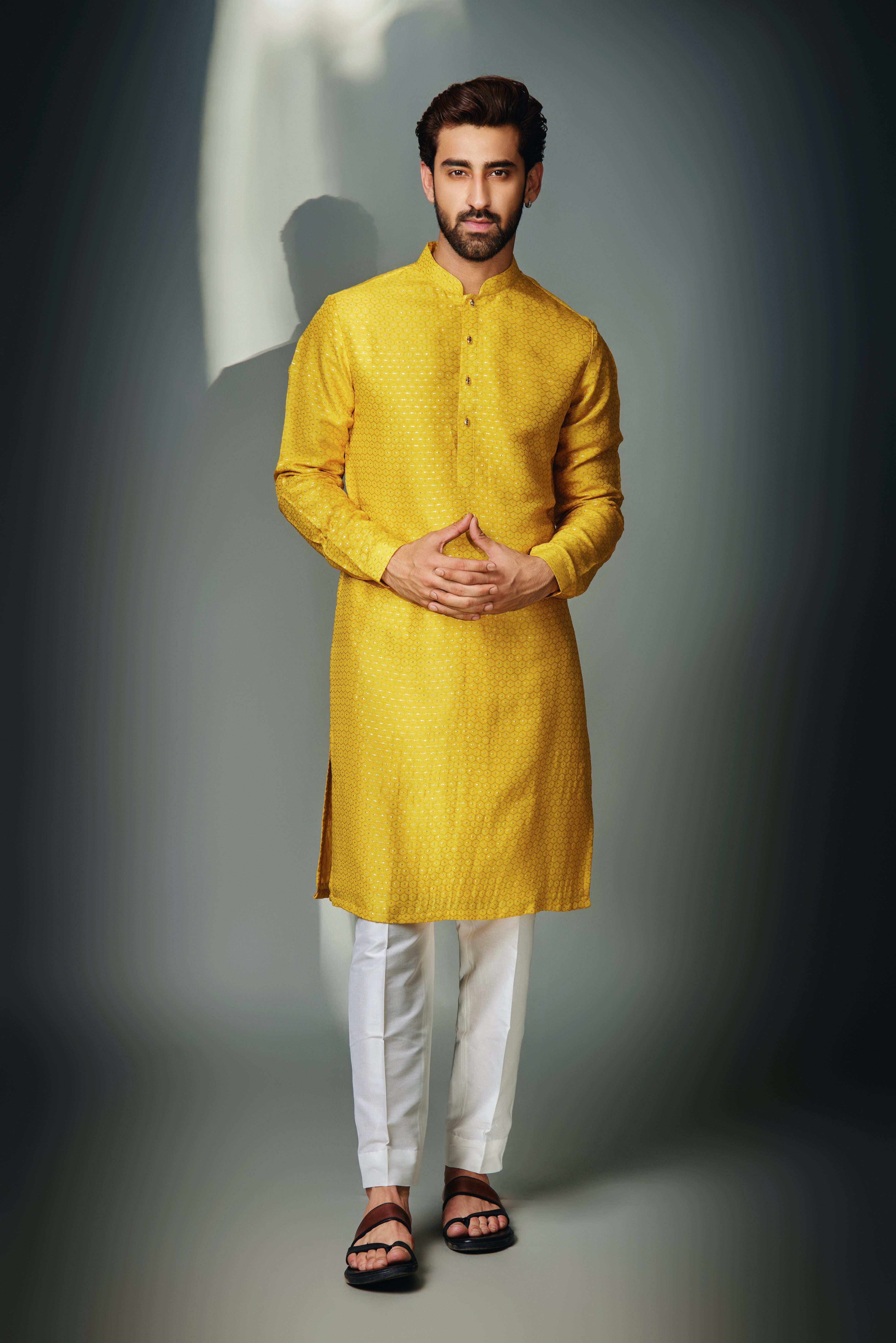 Mustard Hexagon Self Kurta Set