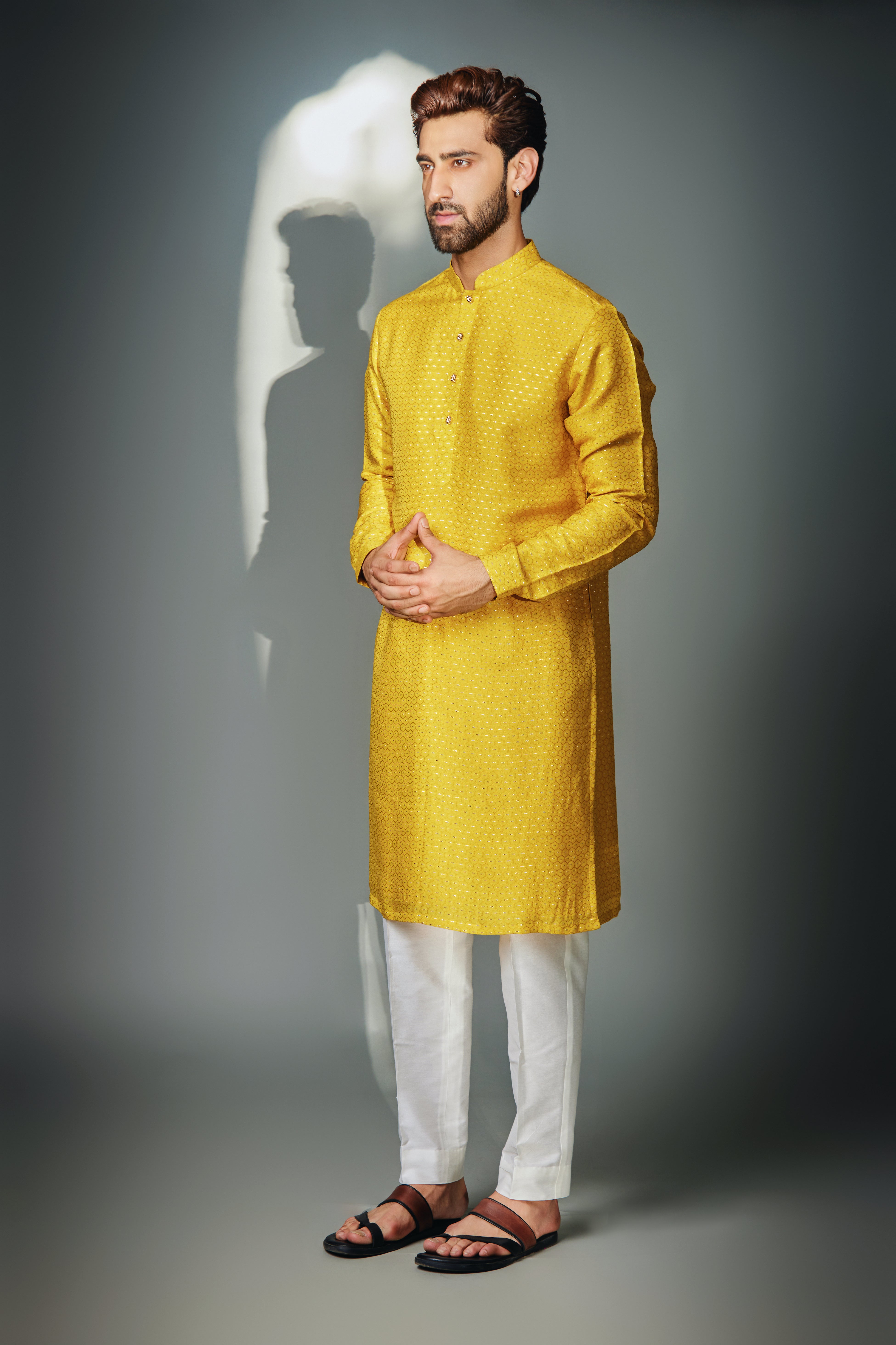 Mustard Hexagon Self Kurta Set