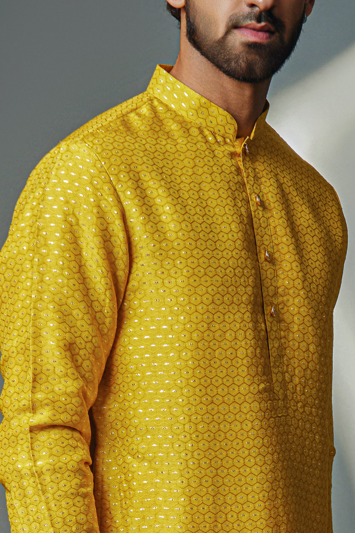 Mustard Hexagon Self Kurta Set