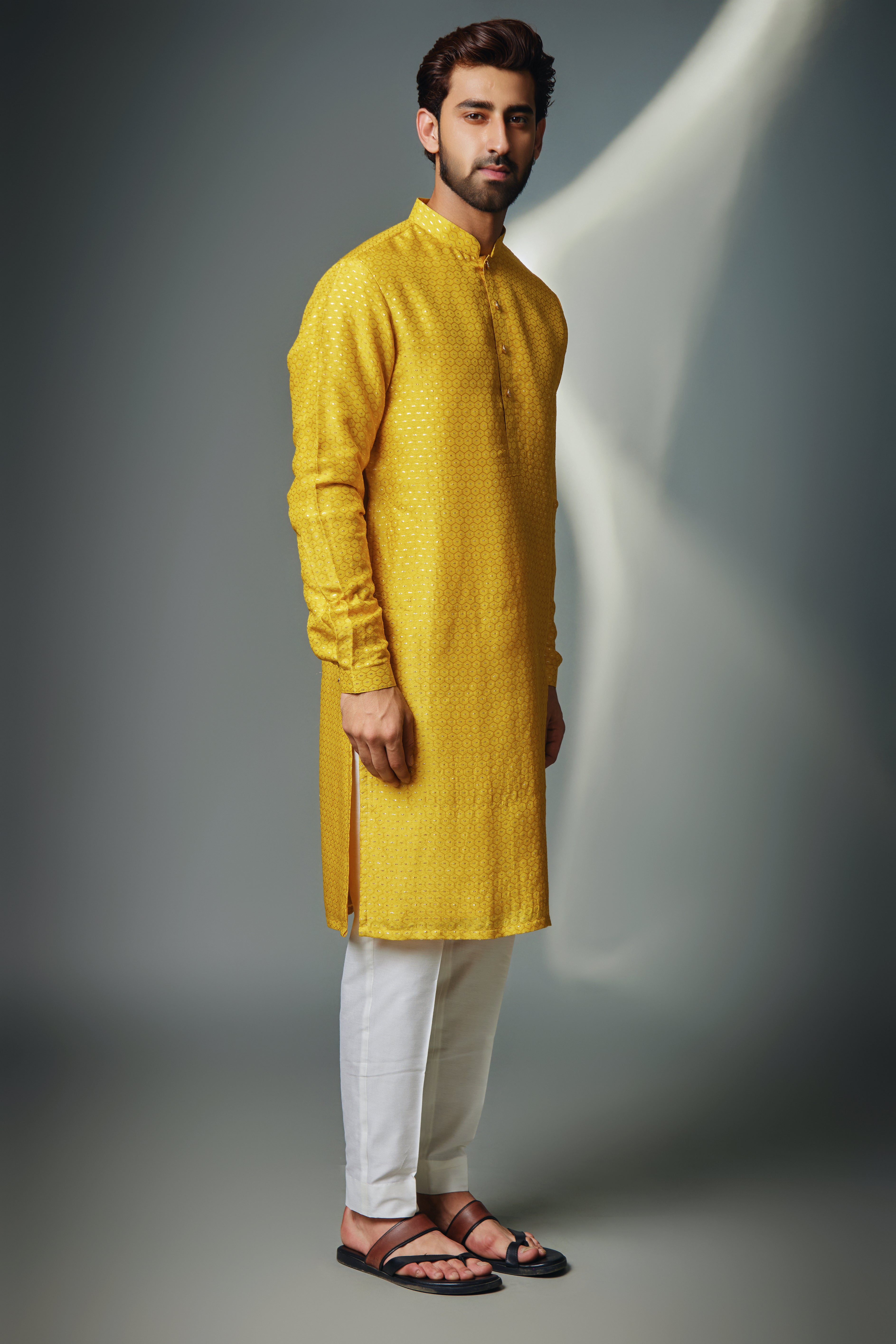 Mustard Hexagon Self Kurta Set