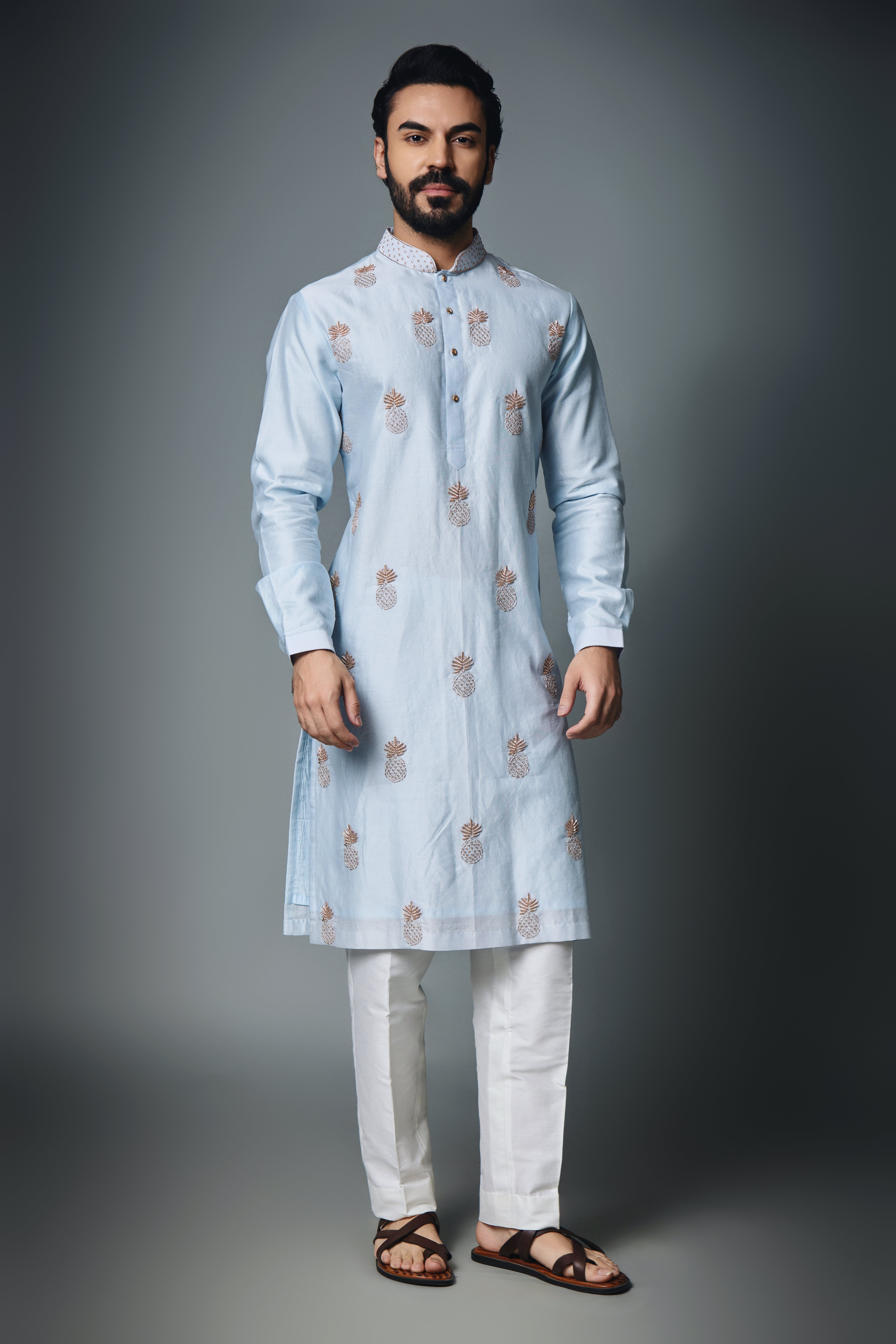 Pineapple Emb Light Blue Color Kurta Set