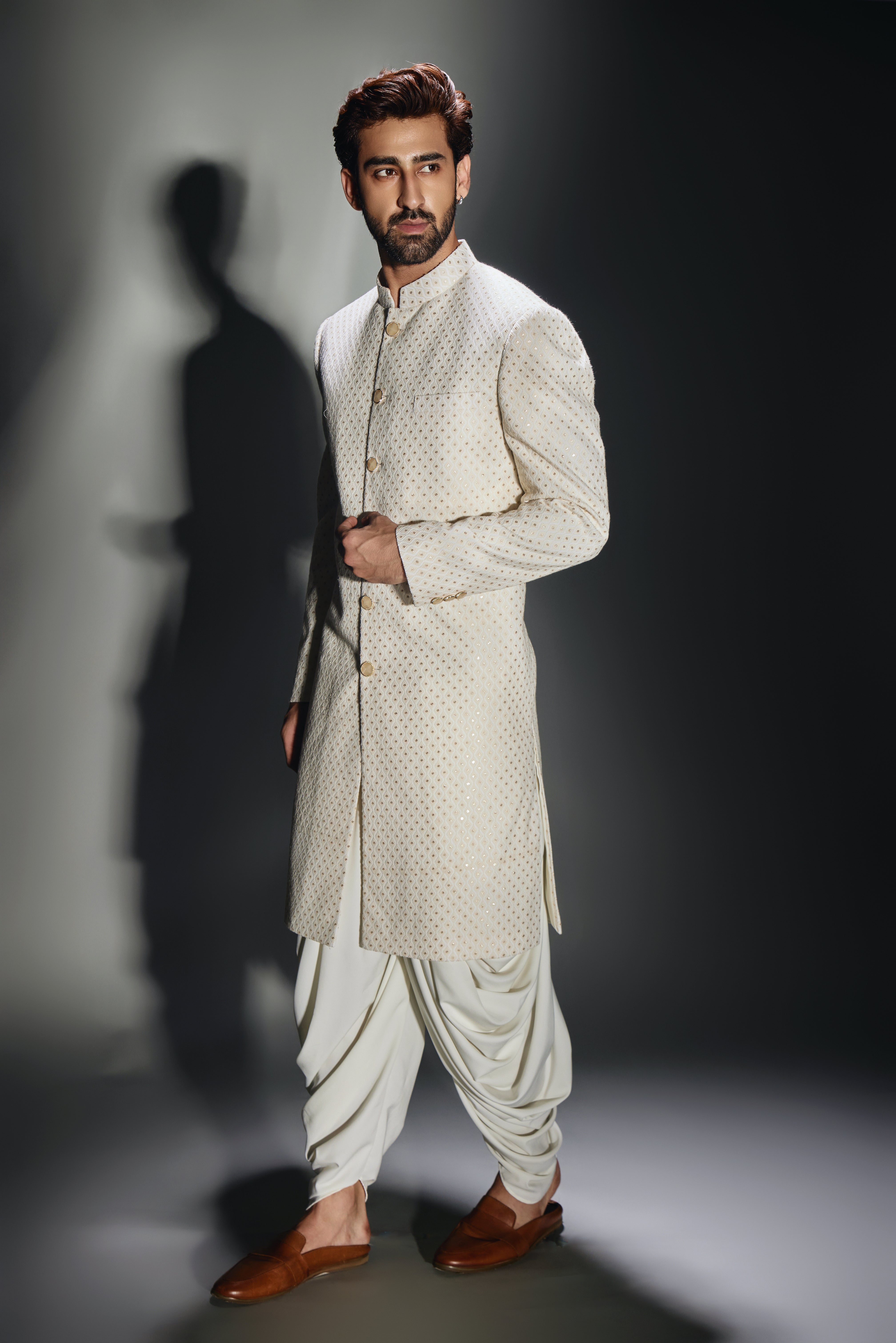 Light Cream Burfi Deisgn Achkan Set
