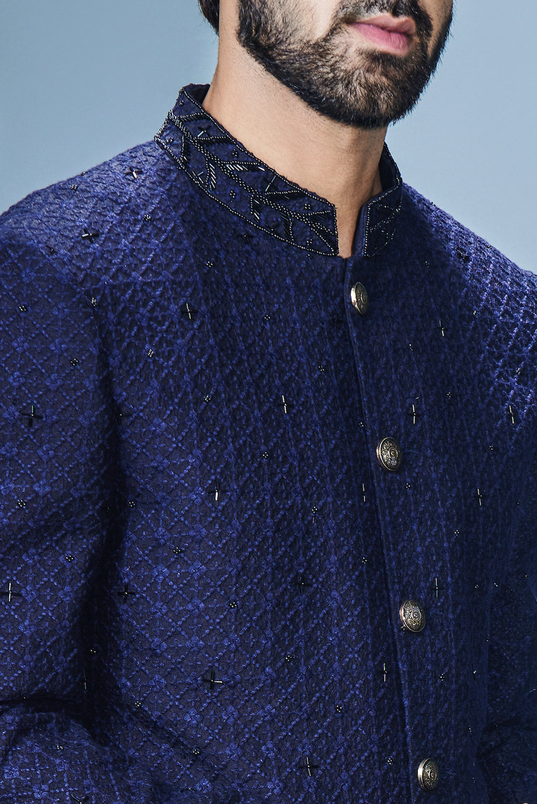 Navy Blue Achkan with Scattered Black Katdana Work