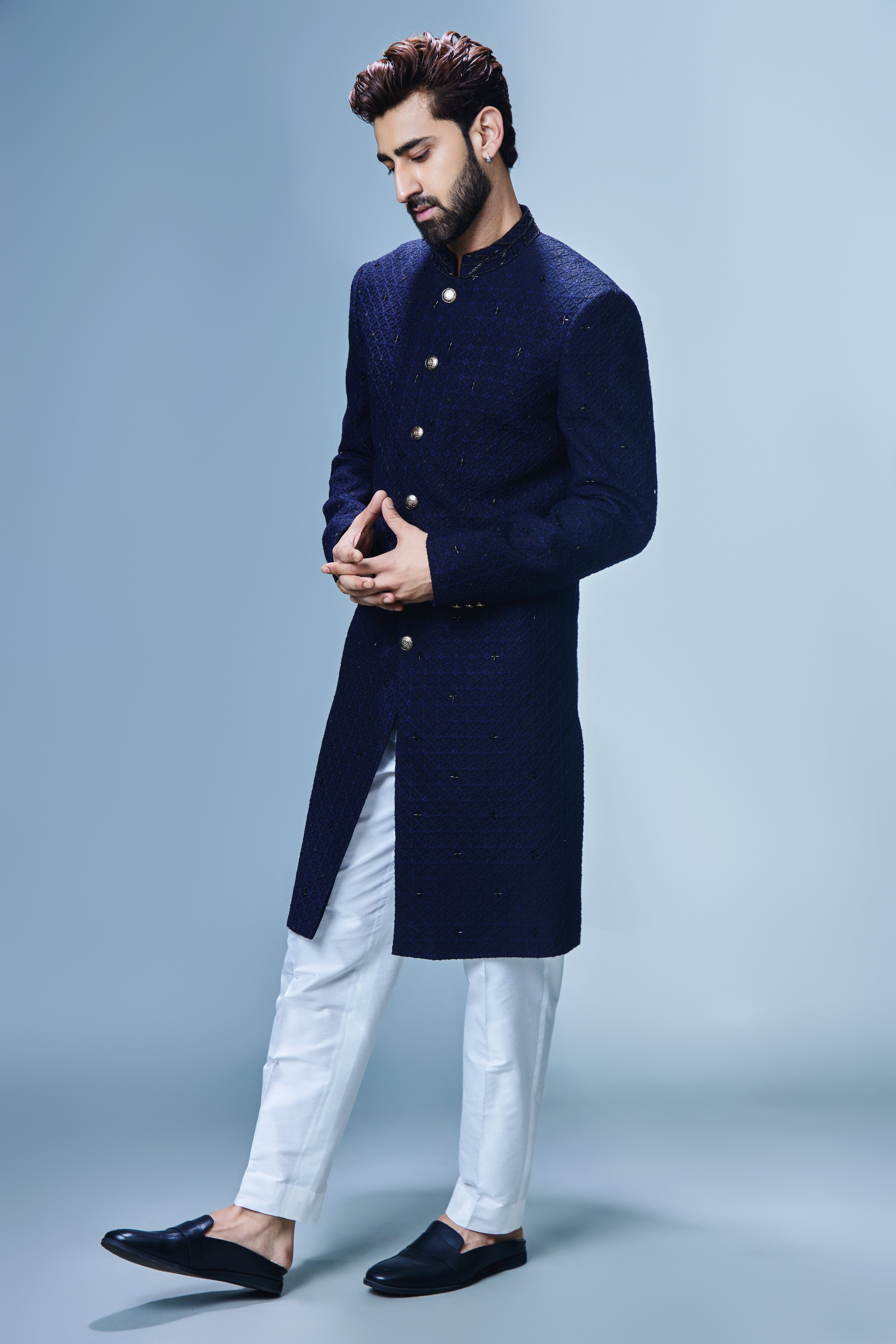 Navy Blue Achkan with Scattered Black Katdana Work