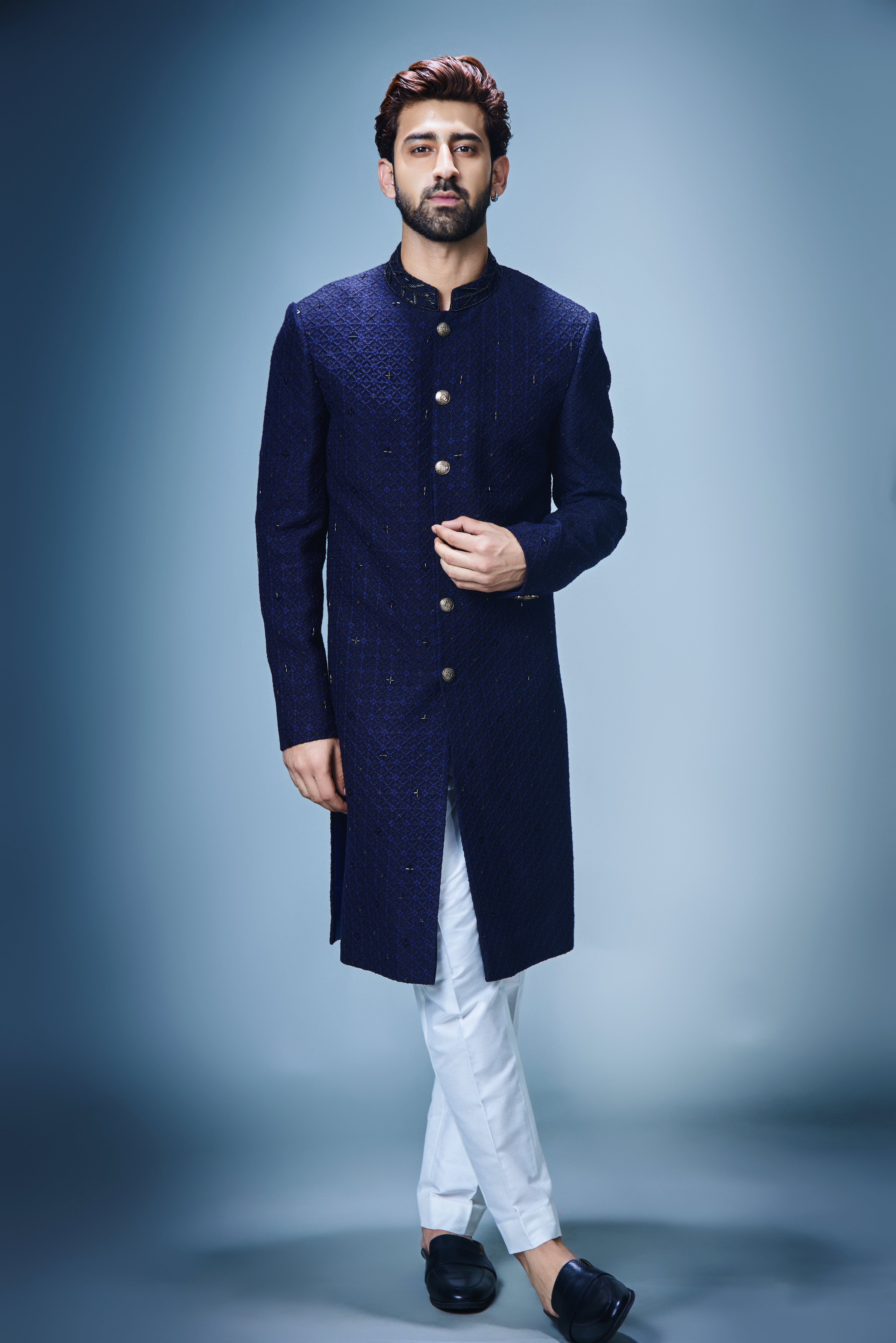 Navy Blue Achkan with Scattered Black Katdana Work