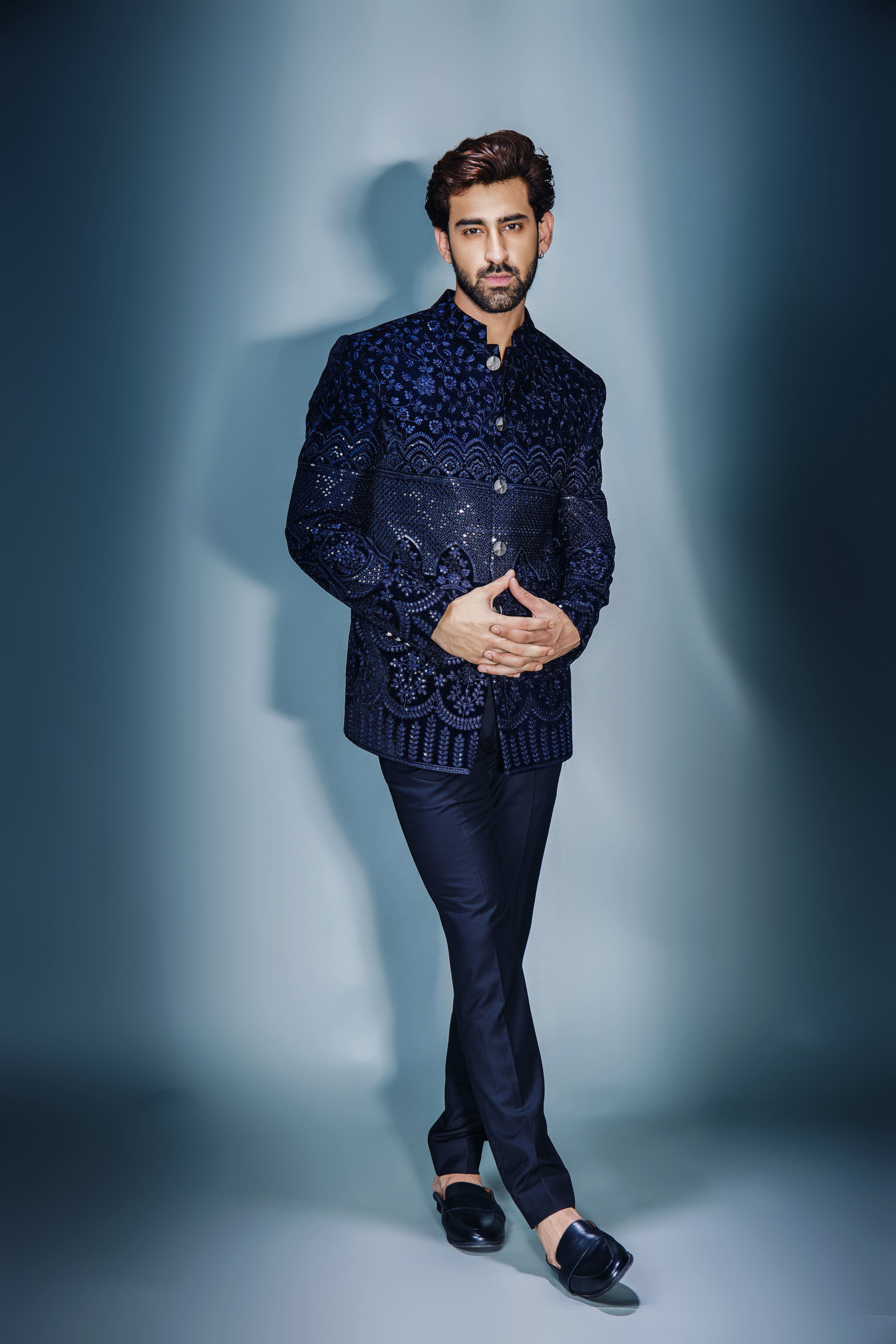 Navy Blue Sequins Emb Bandhgala With Thread Work With Pant