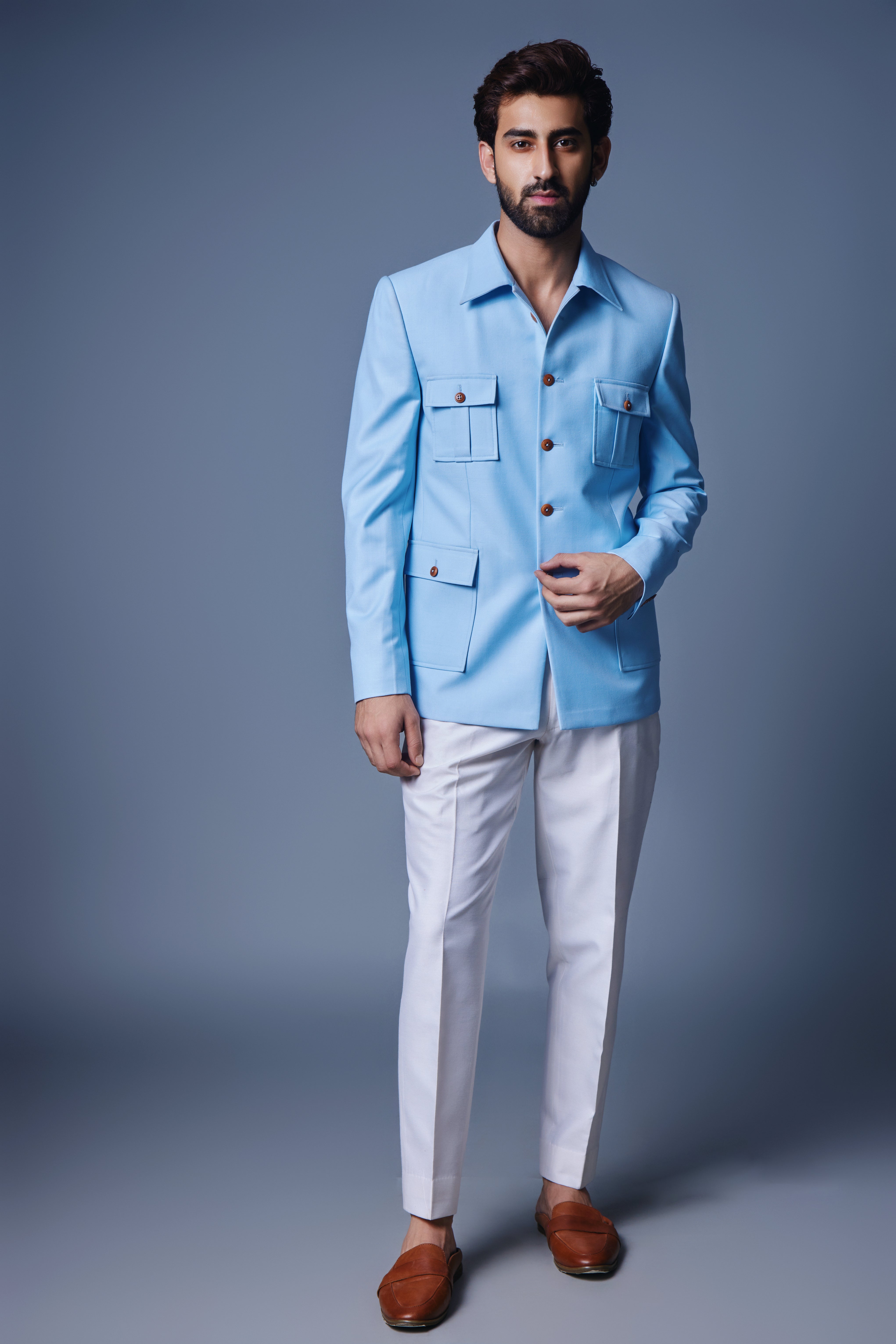 Light Blue Bandhgala With Patch Pocket