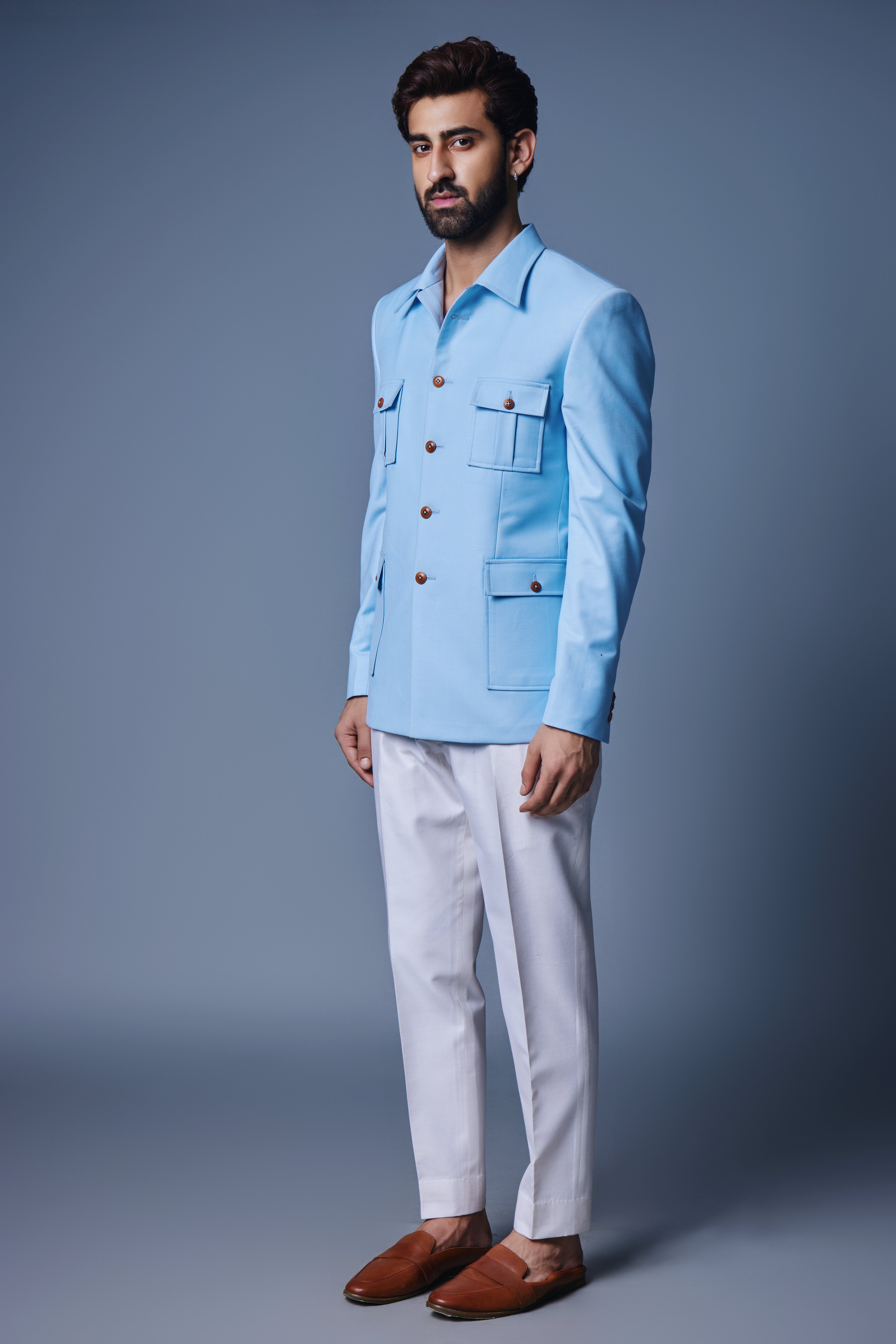 Light Blue Bandhgala With Patch Pocket