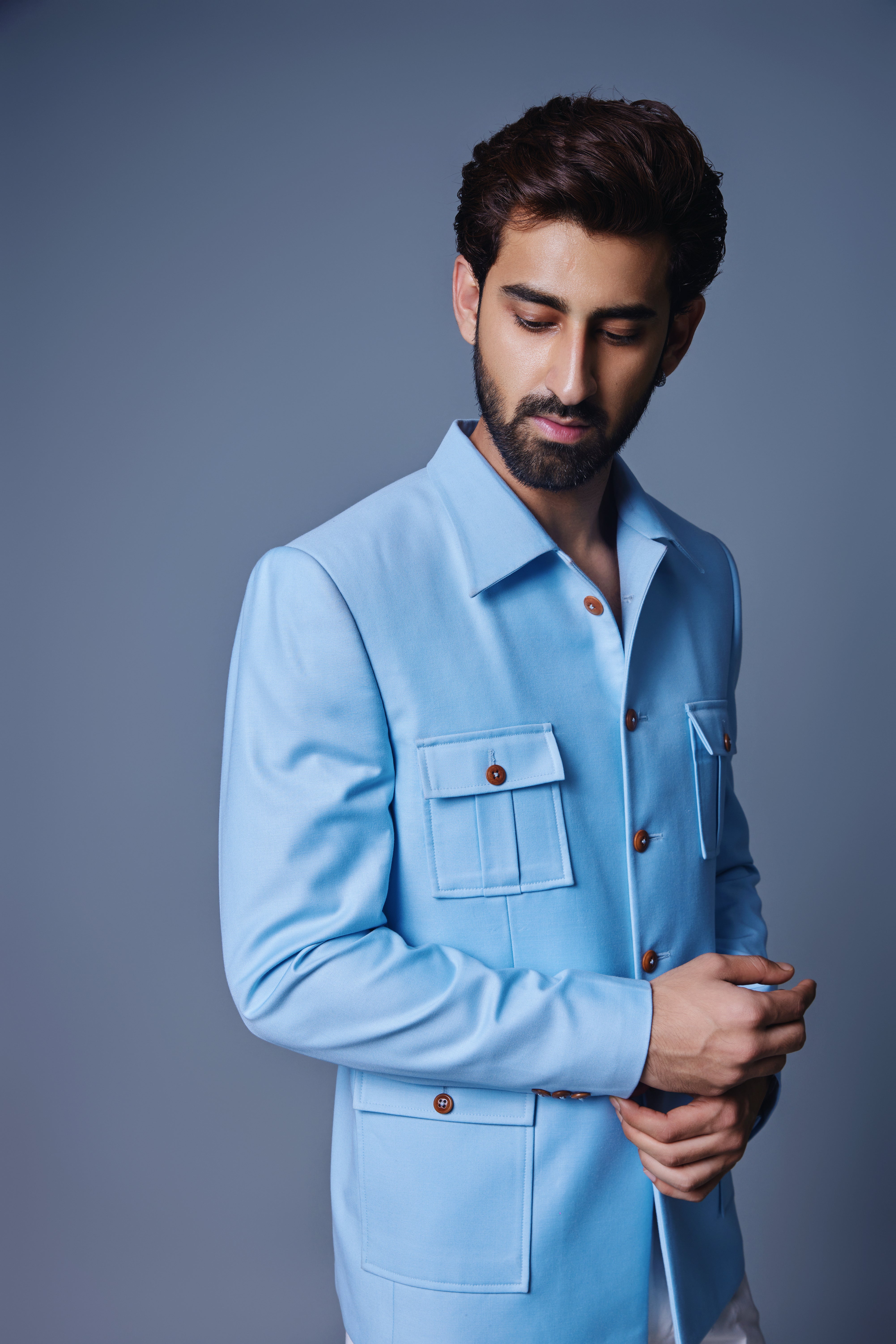 Light Blue Bandhgala With Patch Pocket