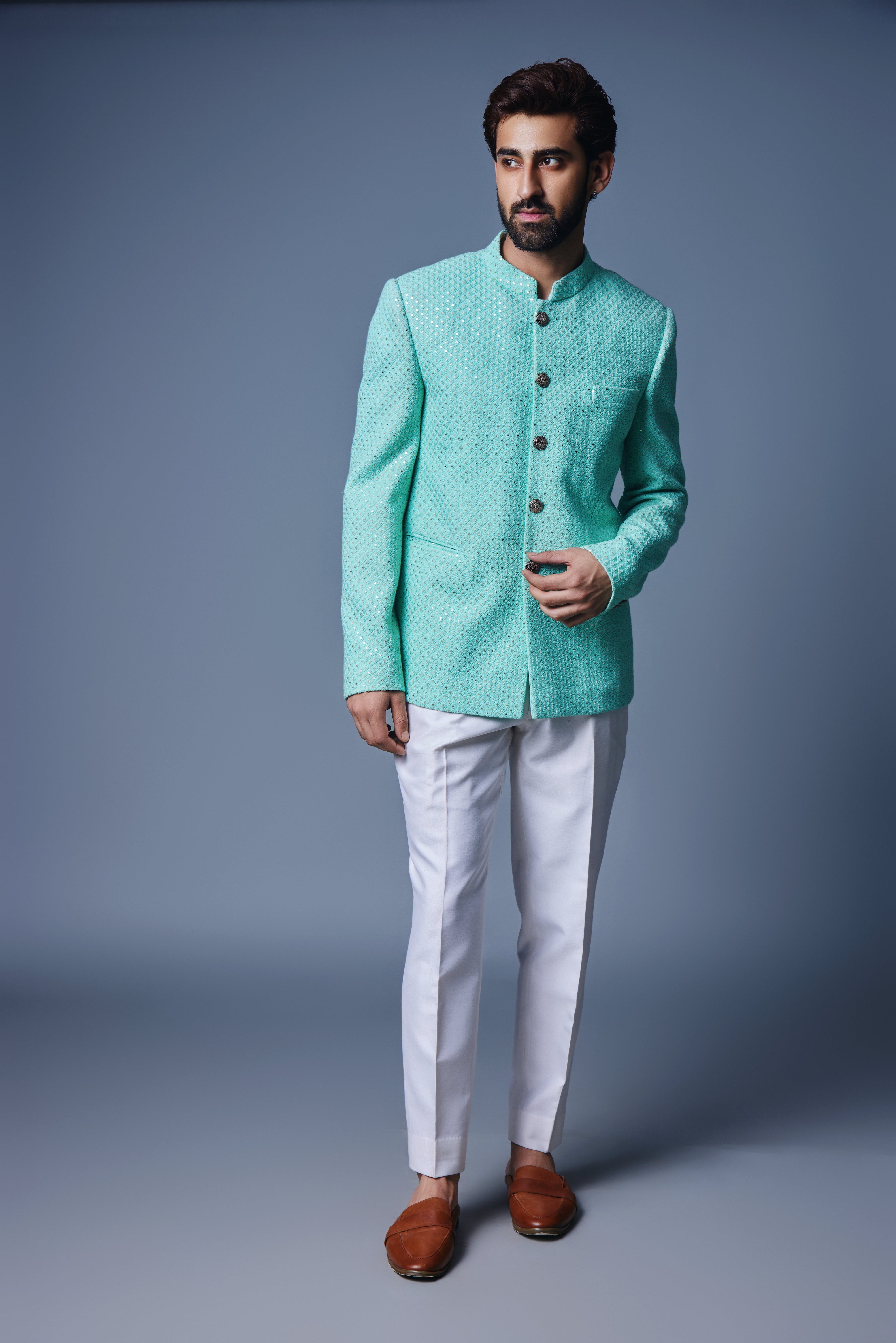 Sea Green Sequins Bandhgala With Pant