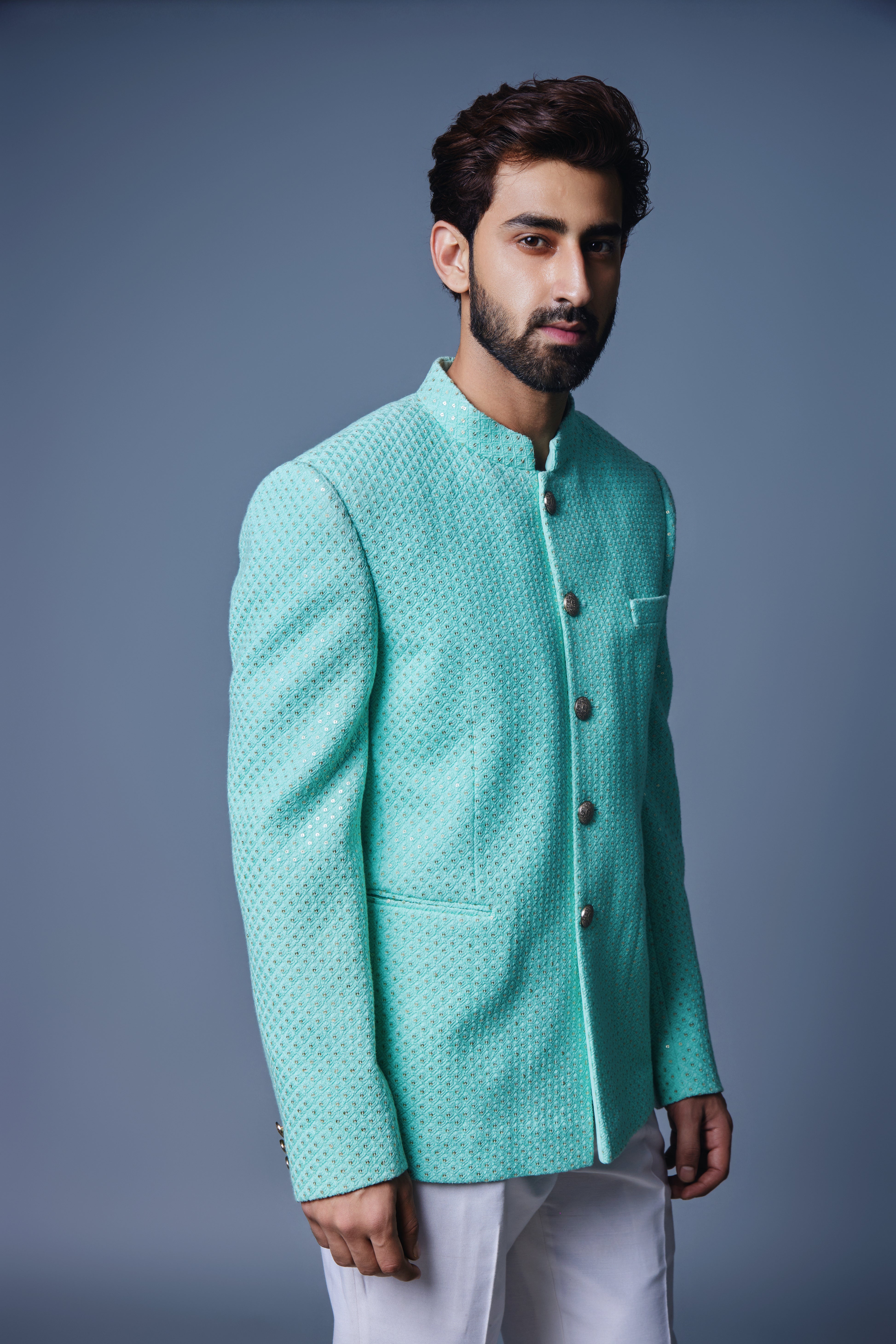 Sea Green Sequins Bandhgala With Pant